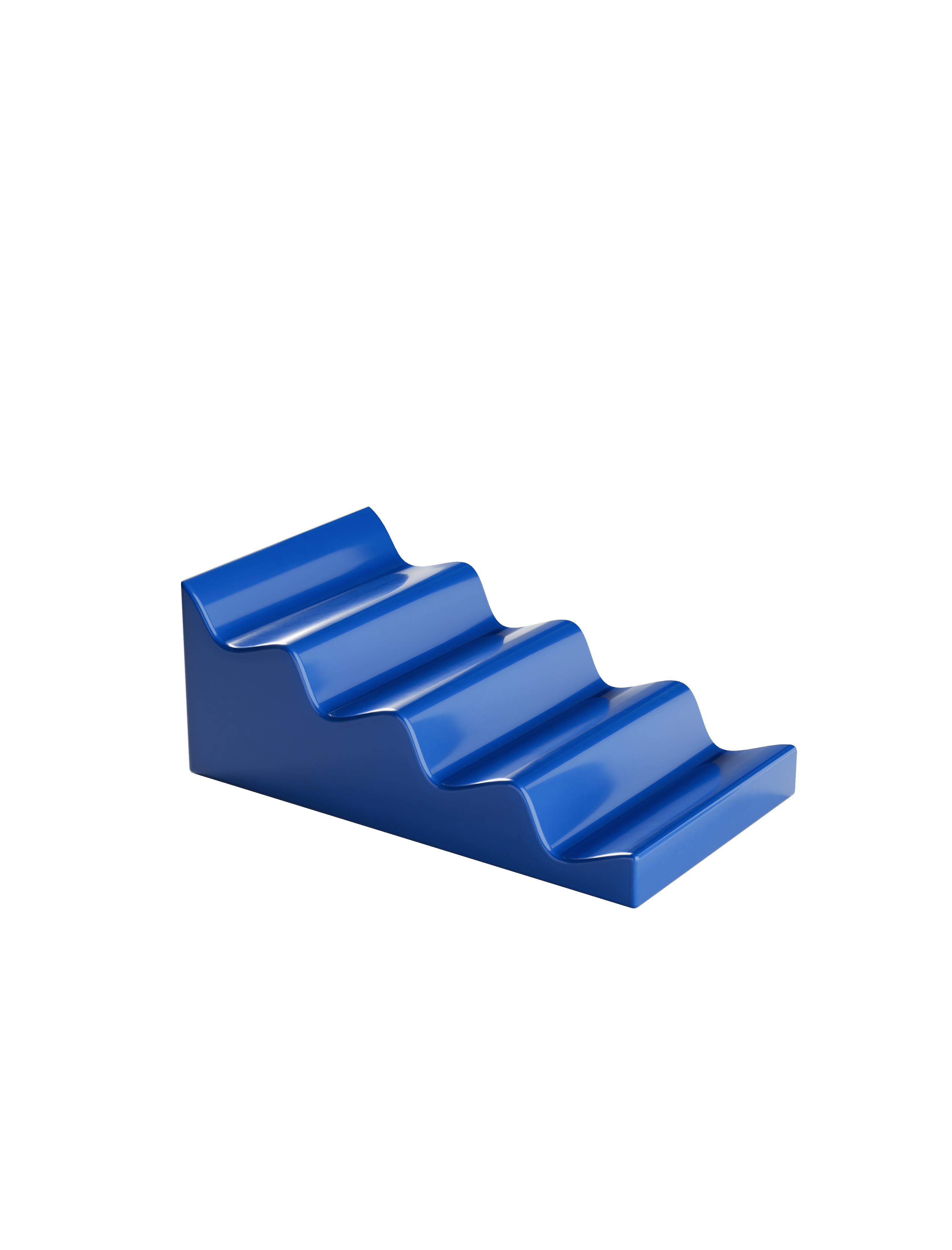 CASCADE Fruitstand in glossy dark blue ceramic with stepped design to display fruits and veggies without bruising.