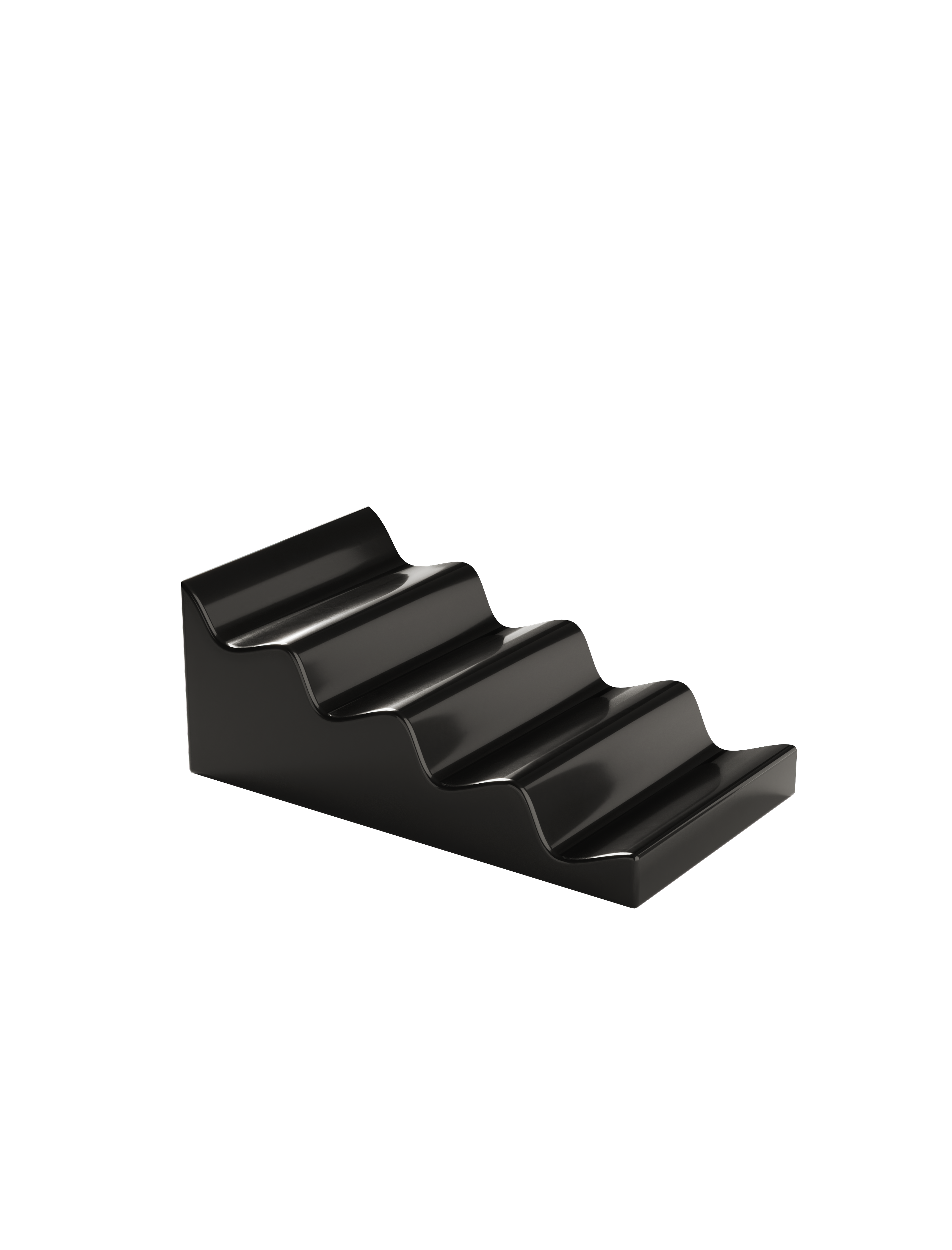 CASCADE Fruitstand black glossy ceramic stepped design for displaying fruits and veggies without bruising or dents.