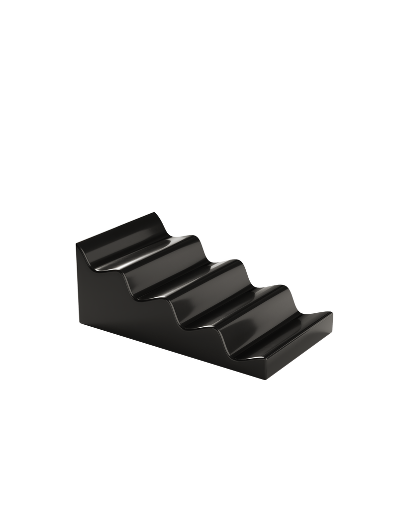 CASCADE Fruitstand black glossy ceramic stepped design for displaying fruits and veggies without bruising or dents.