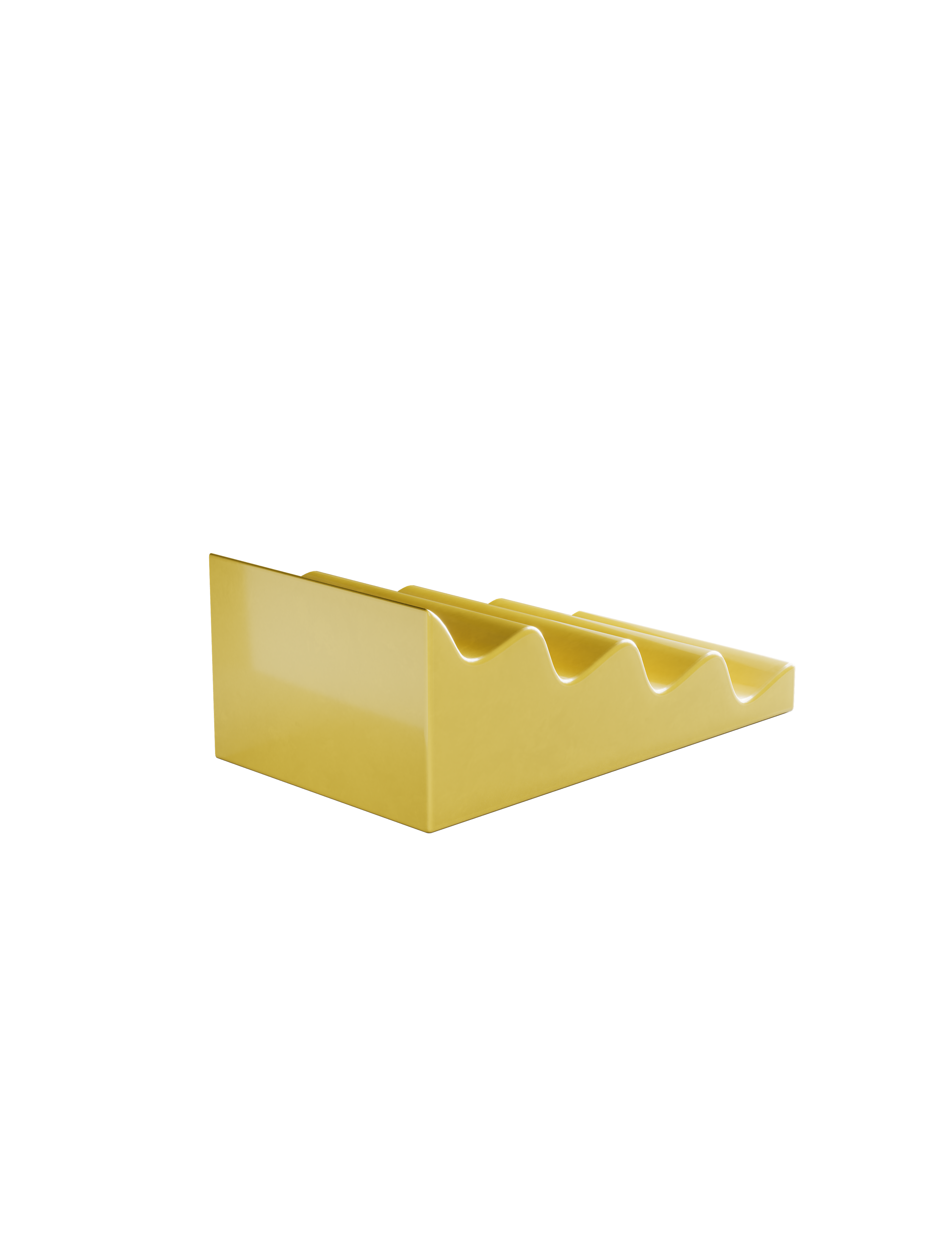 Yellow glossy ceramic CASCADE Fruitstand with four dips for holding fruits and vegetables, designed for airflow and protection.