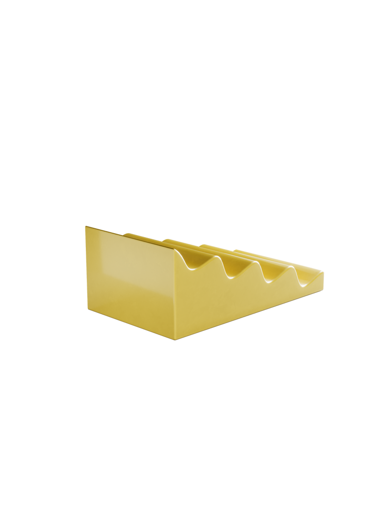 Yellow glossy ceramic CASCADE Fruitstand with four dips for holding fruits and vegetables, designed for airflow and protection.