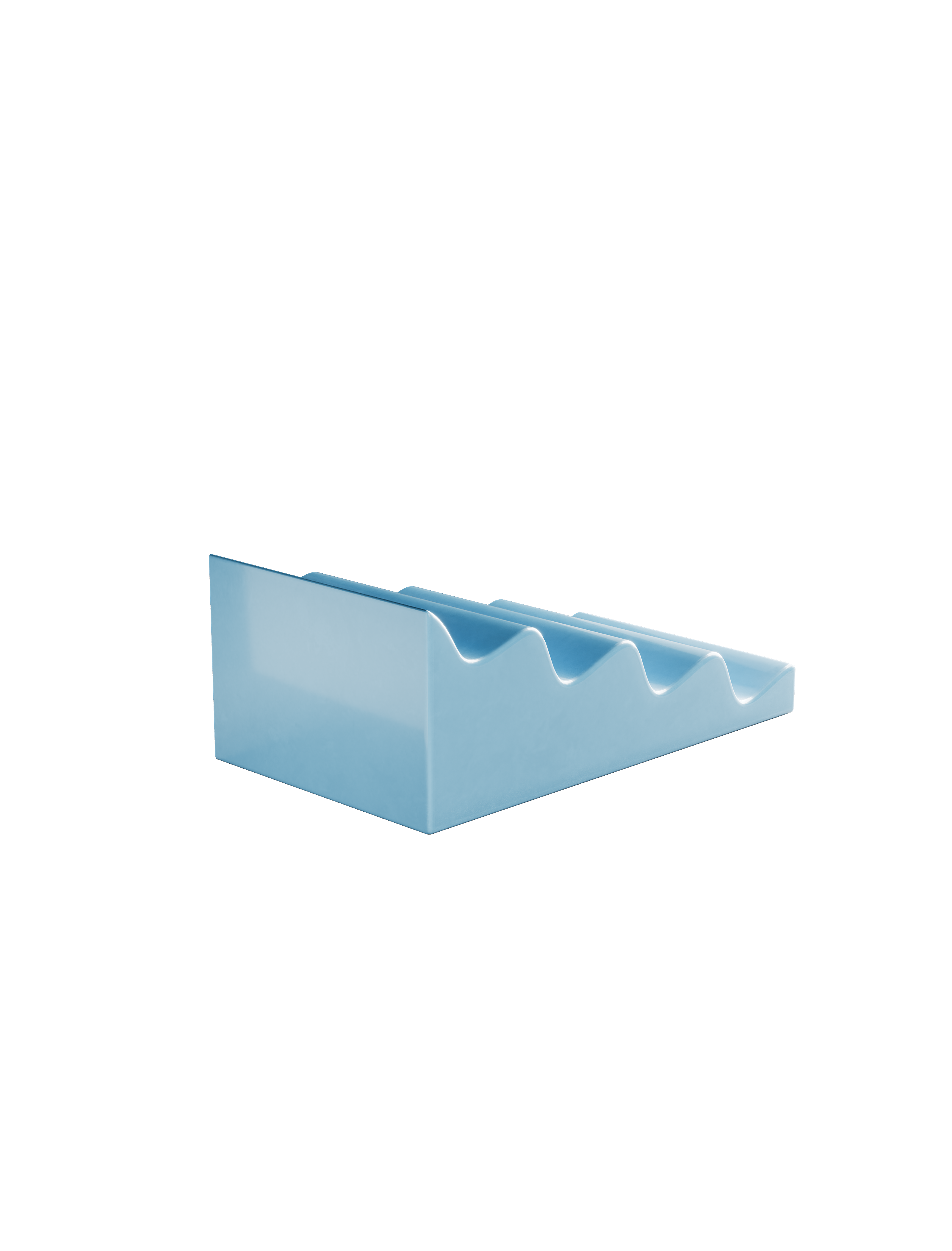 CASCADE Fruitstand in glossy light blue ceramic with curved slots to hold fruits and veggies without bruising.