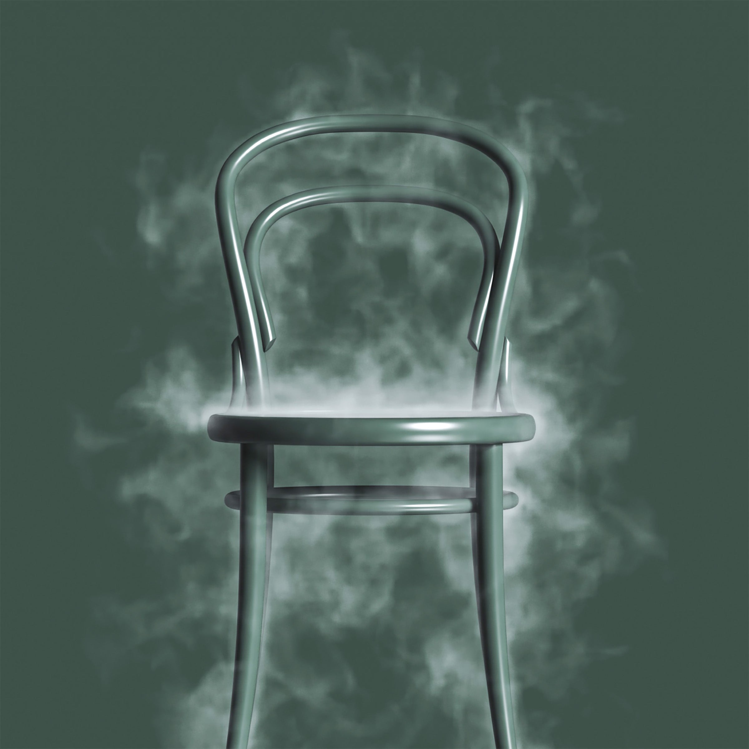 Chair 14 - Cane with iconic bent beech wood design and classic café chair style surrounded by mist on dark background.