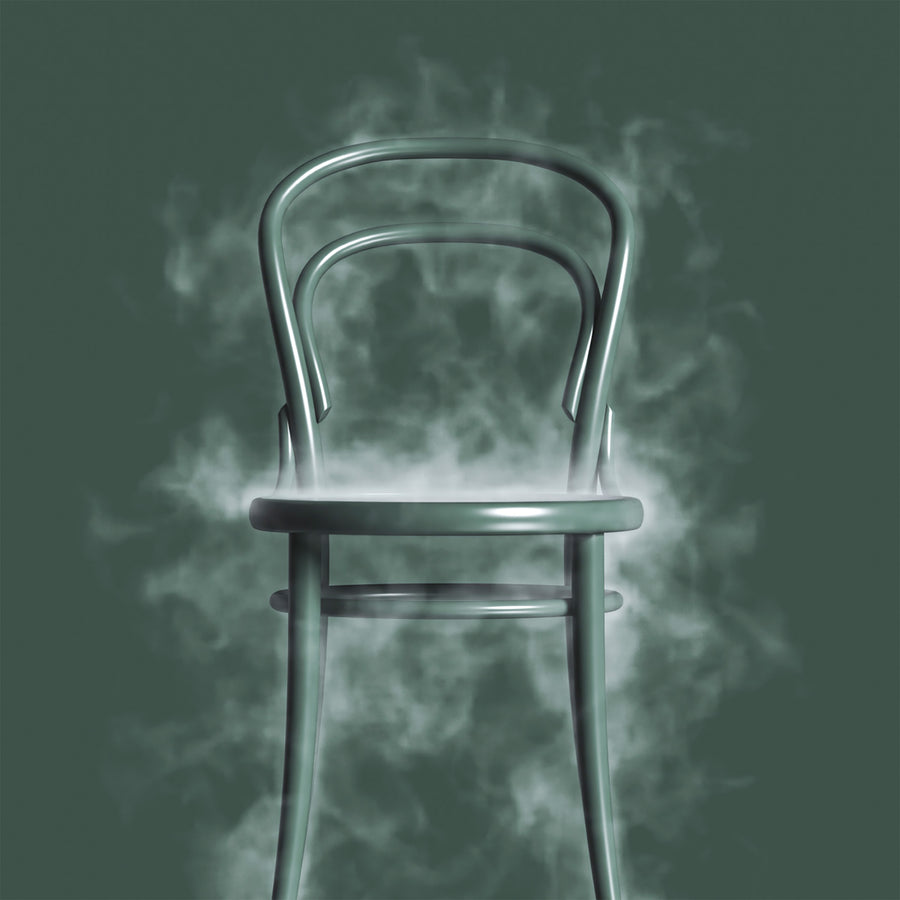Chair 14 - Cane with iconic bent beech wood design and classic café chair style surrounded by mist on dark background.