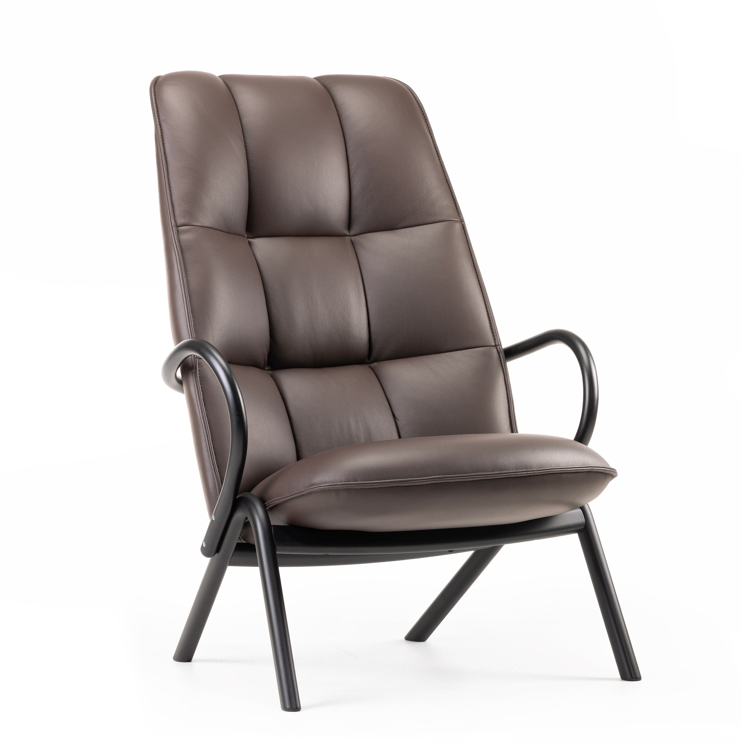 Cissy Lounge Chair High-Back with cushioned brown upholstery and bentwood armrests in modern design
