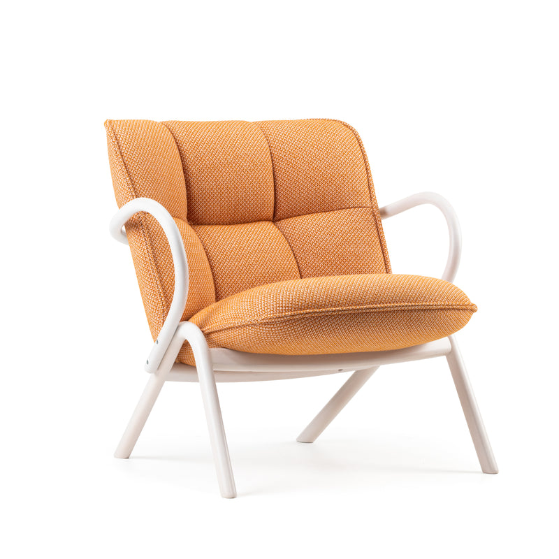 Cissy Lounge Chair Low-Back in orange upholstery with white bentwood frame, designed for comfort and style.