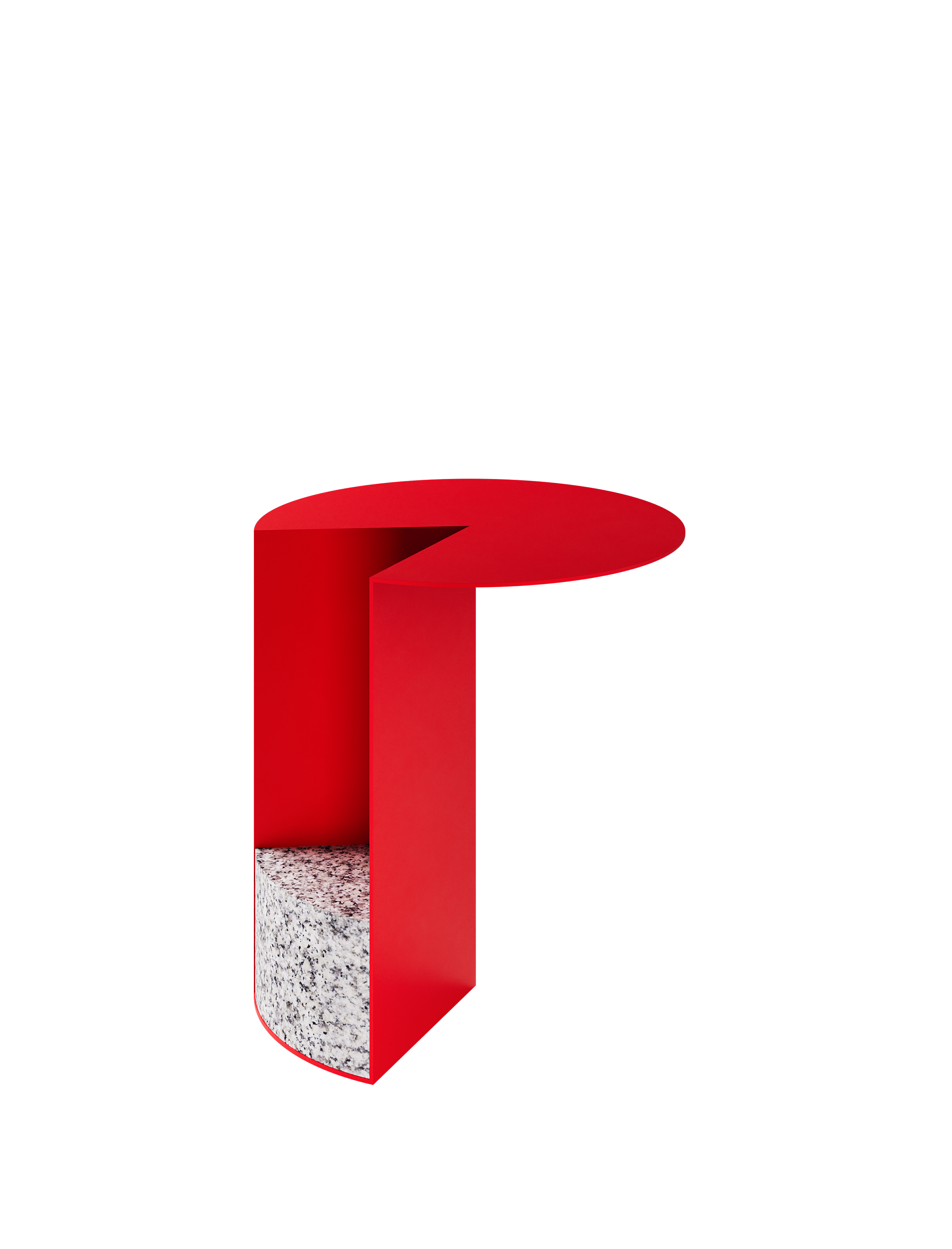 PAC 450 Side Table in traffic red featuring solid aluminum and untreated granite with a modern cake-inspired design.