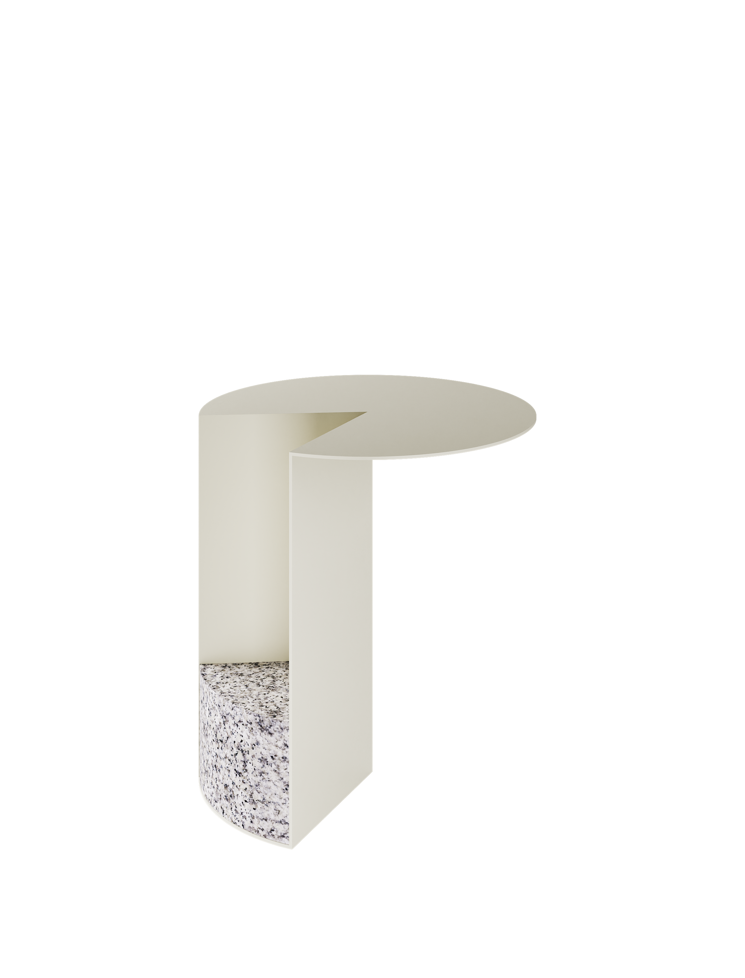 PAC 450 Side Table in cleanroom white with solid aluminum top and untreated granite base, modern design.