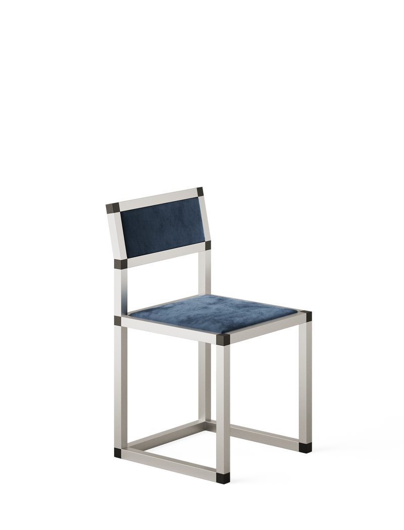 XD Chair with aluminum frame and dark blue velvet upholstery, featuring a modern minimalist design.