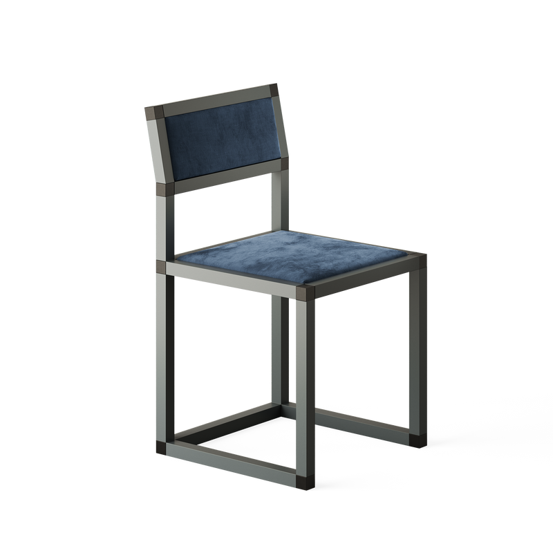 XD Chair with aluminum frame and dark blue velvet upholstery, featuring a sleek and modern design.