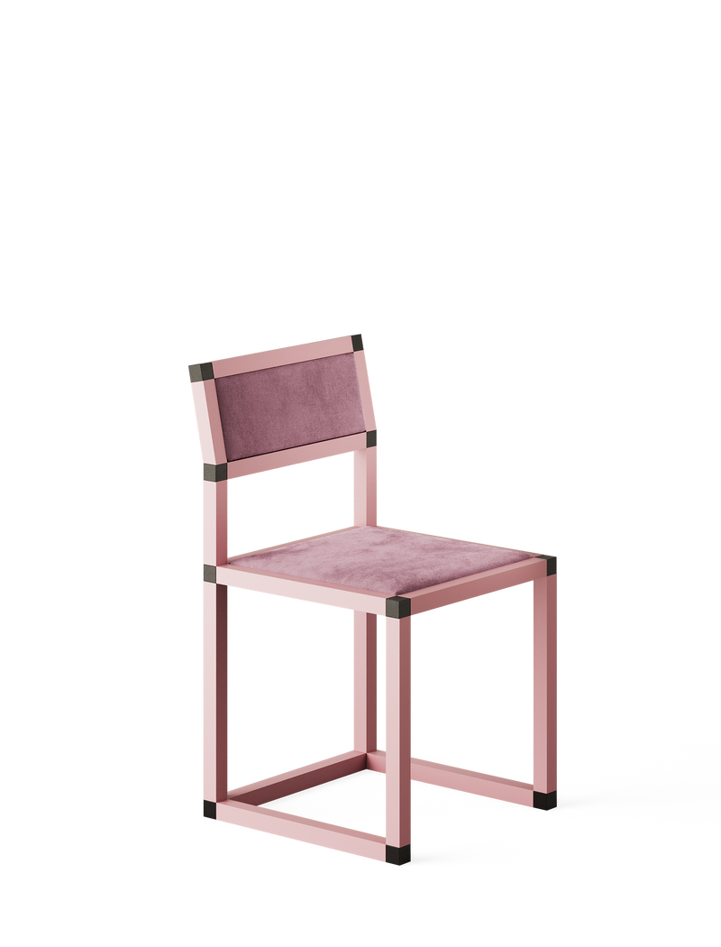 XD Chair in pink matte aluminum frame with detachable velvet upholstery, inspired by Josef Hoffmann’s Fledermaus design.