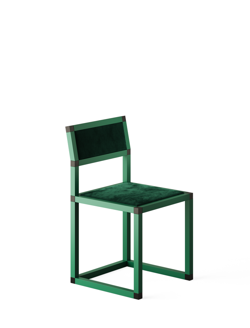 XD Chair with a minimalist green aluminum frame and dark green velvet upholstery, designed for style and durability.
