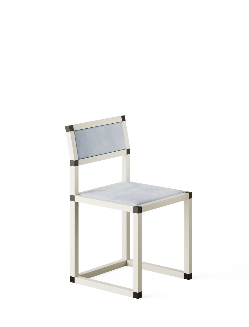 XD Chair with cleanroom white matte aluminum frame and light blue detachable upholstery, minimalist modern design.