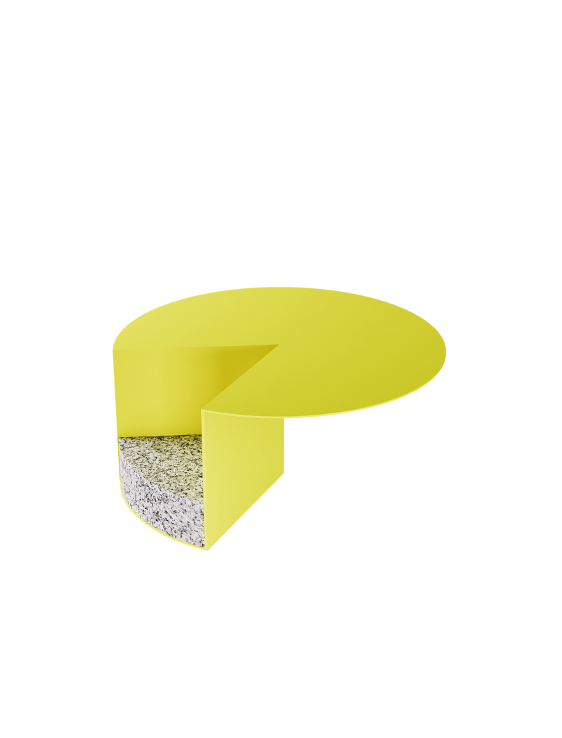 PAC 700 Side Table in sulfur yellow with granite stone base and solid aluminum powder-coated tabletop design.