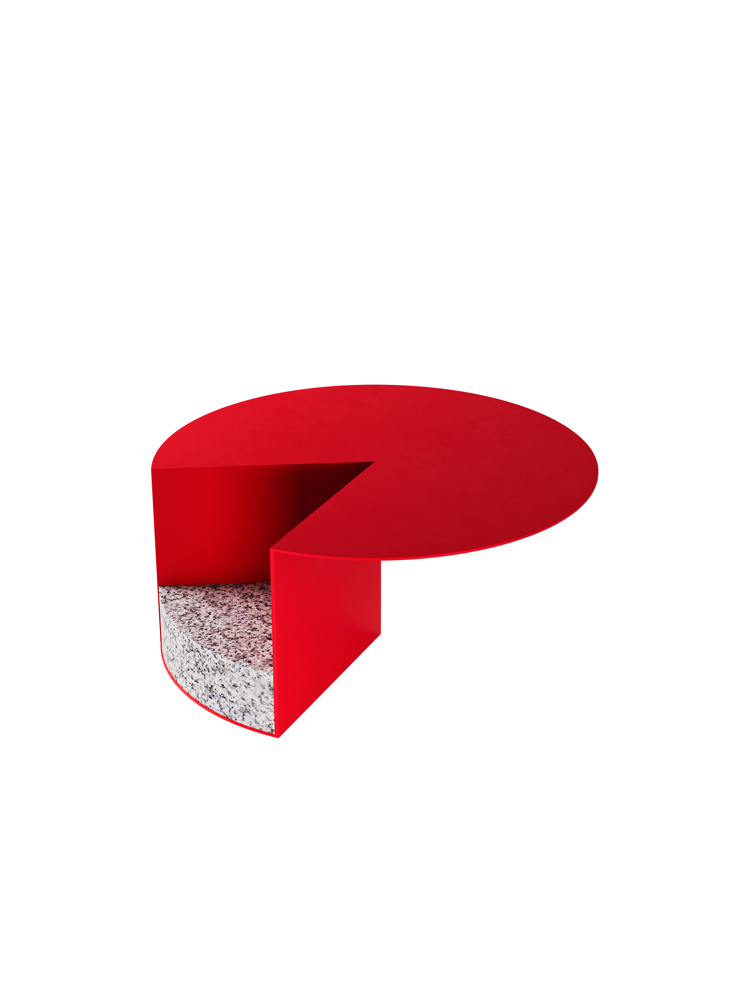PAC 700 Side Table in traffic red with a solid aluminum top and untreated granite stone base resembling a cake slice.