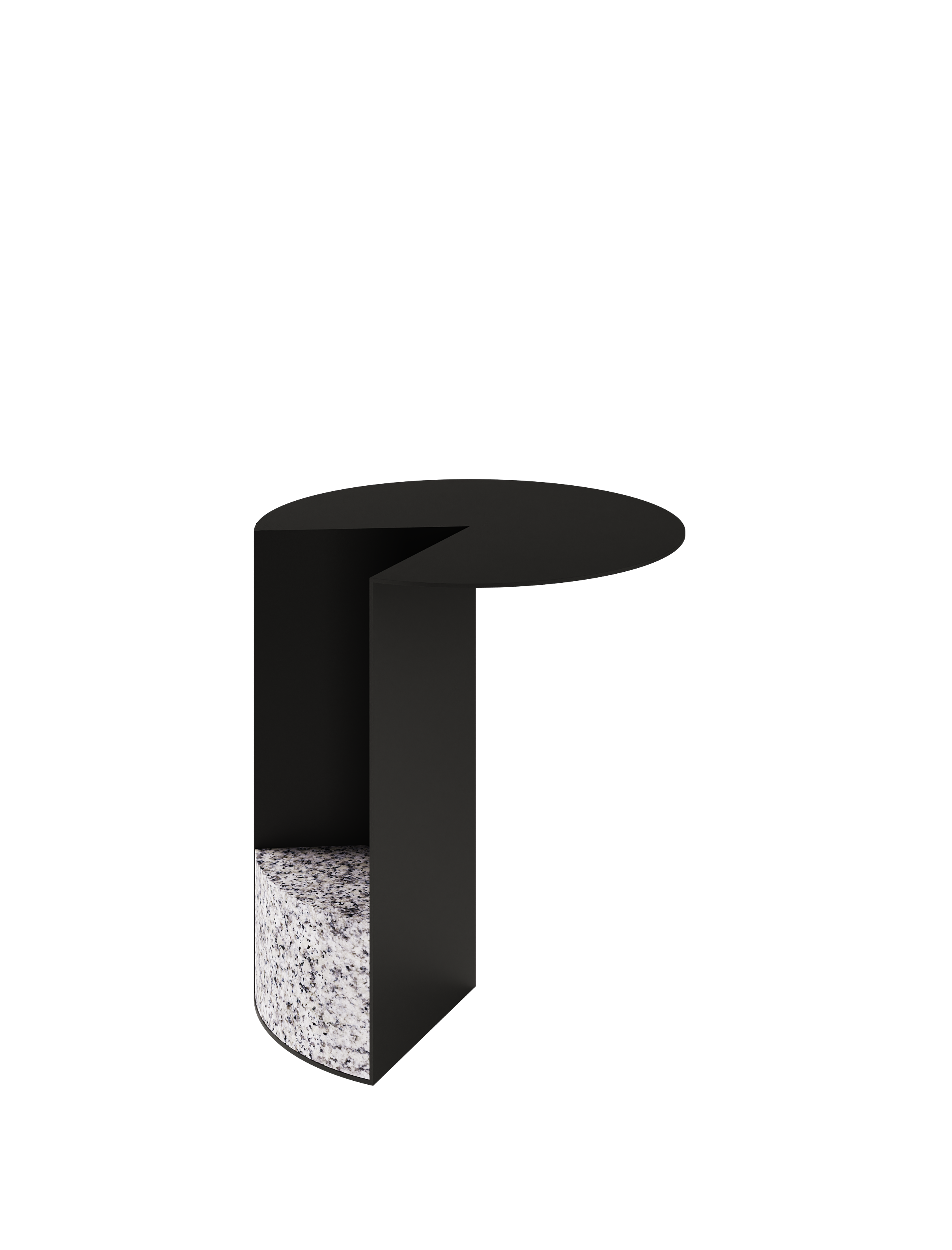 PAC 450 Side Table with jet black aluminum tabletop and untreated granite base in a modern minimalist design.