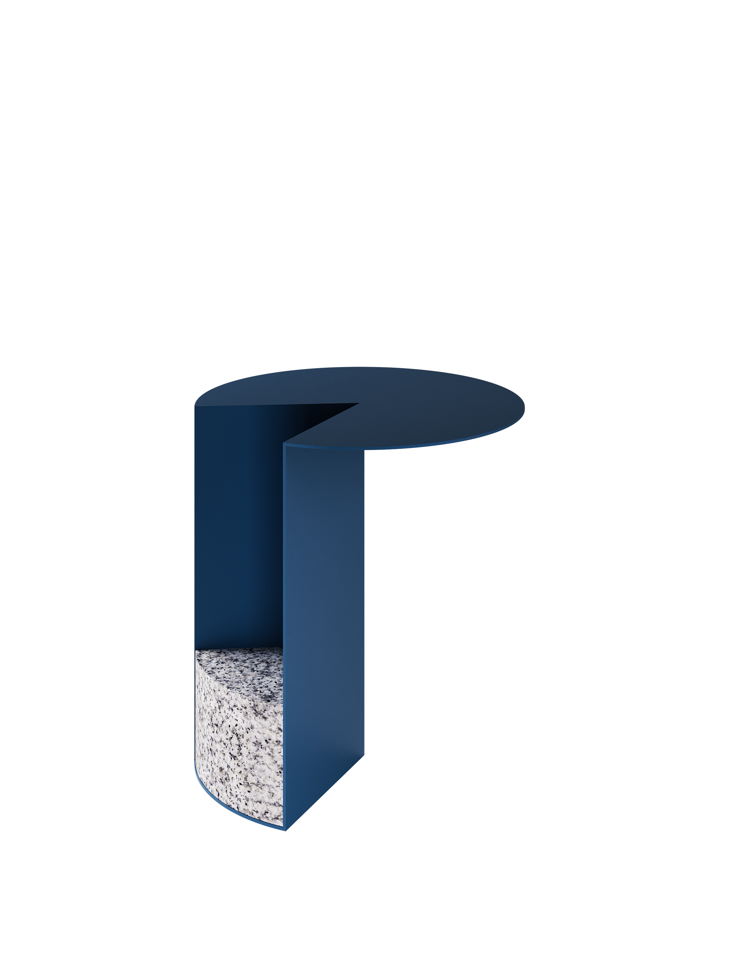 PAC 450 Side Table with a blue powder-coated aluminum top and untreated granite base resembling a balanced cake slice.