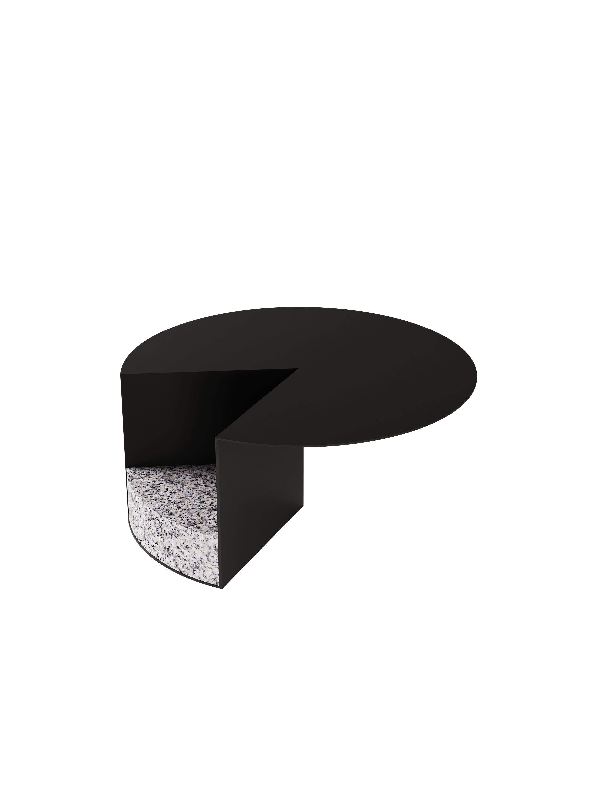 PAC 700 Side Table with a round black metal top and granite slice base, modern and minimalist design.