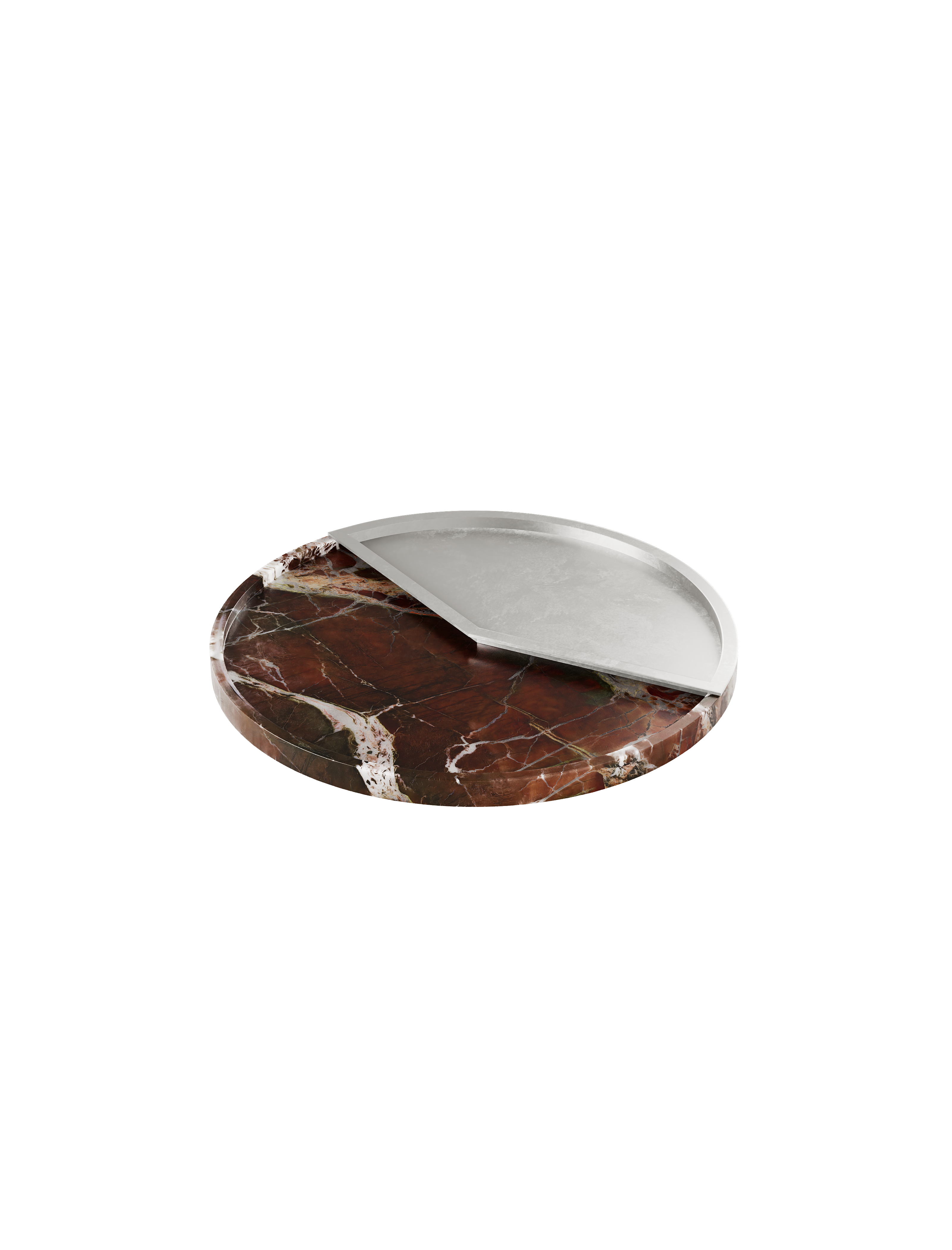 5 O' CLOCK Tray with round dark red marble base and brushed aluminum inlay, designed for elegant serving.