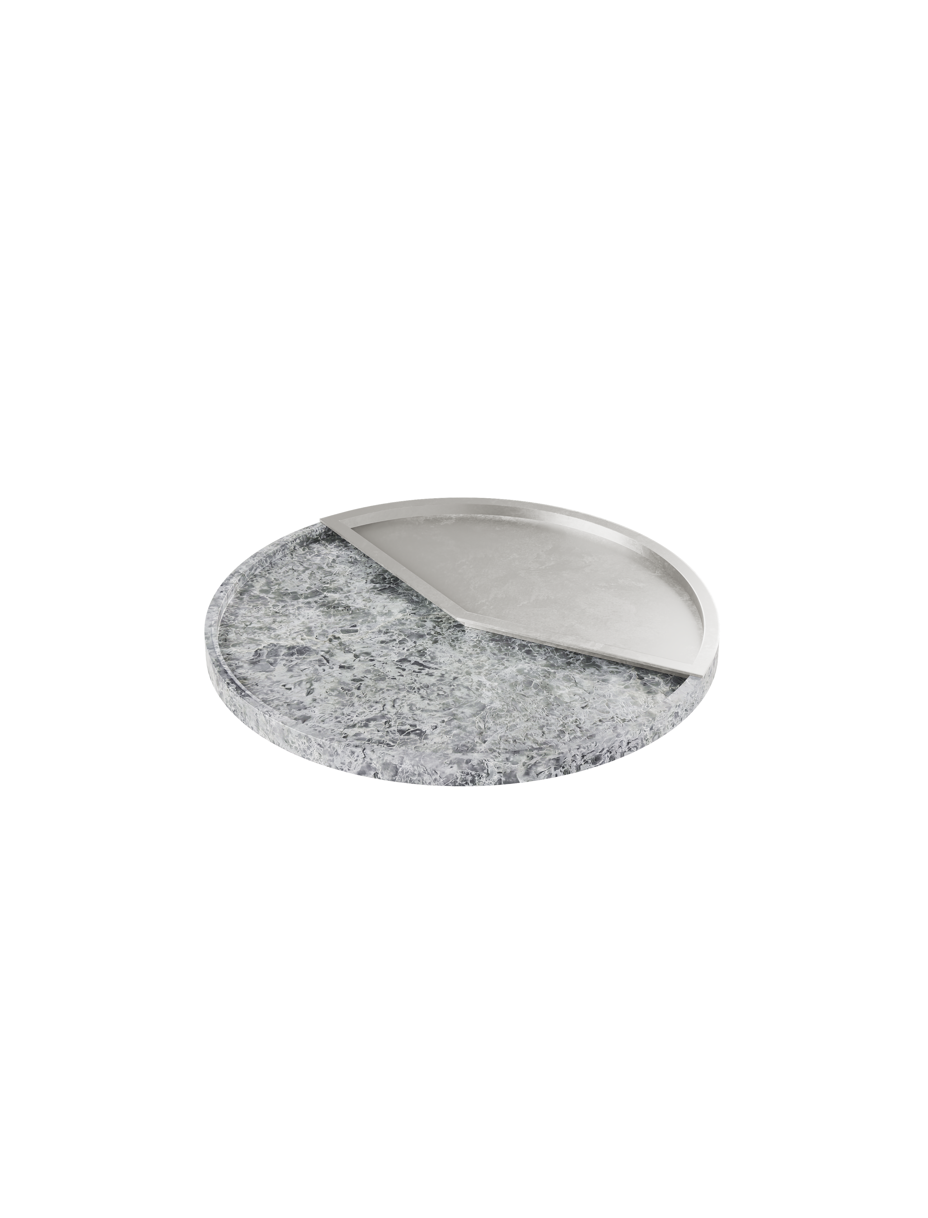 5 O' CLOCK Tray with round white marble base and brushed aluminum inlay, designed for drinks and small bites.
