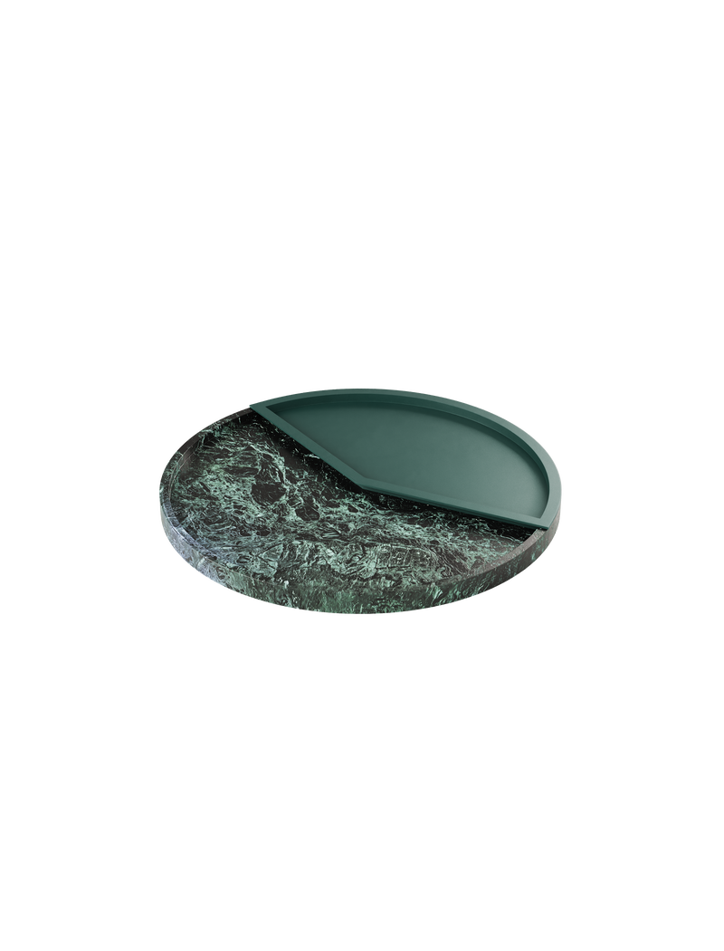 5 O' CLOCK Tray with round green marble base and matte pine green powder-coated aluminum inlay.
