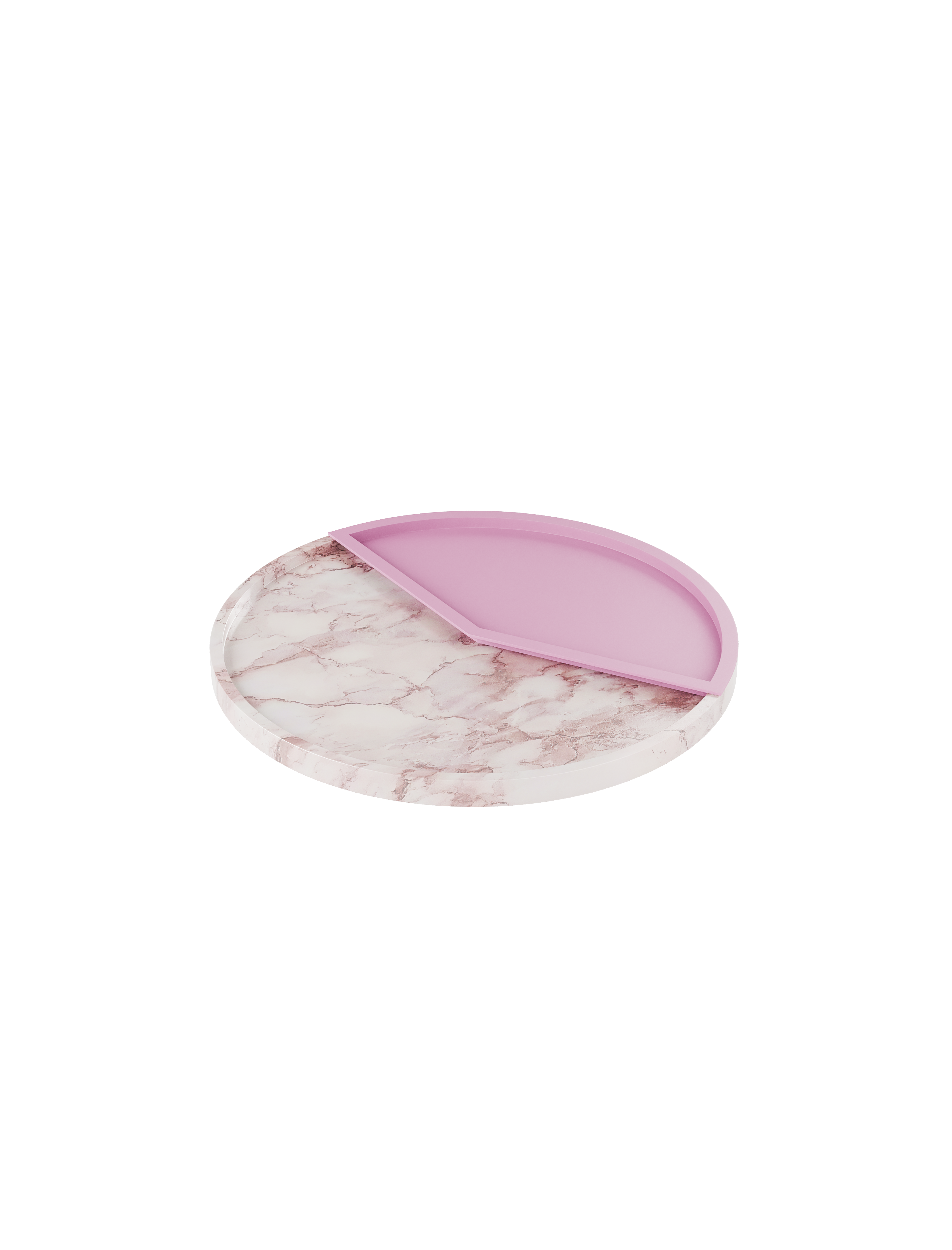 5 O' CLOCK Tray featuring a round white marble base with a matte light pink aluminum inlay.