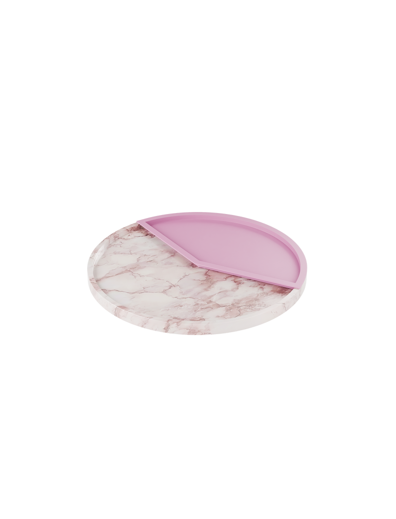 5 O' CLOCK Tray featuring a round white marble base with a matte light pink aluminum inlay.