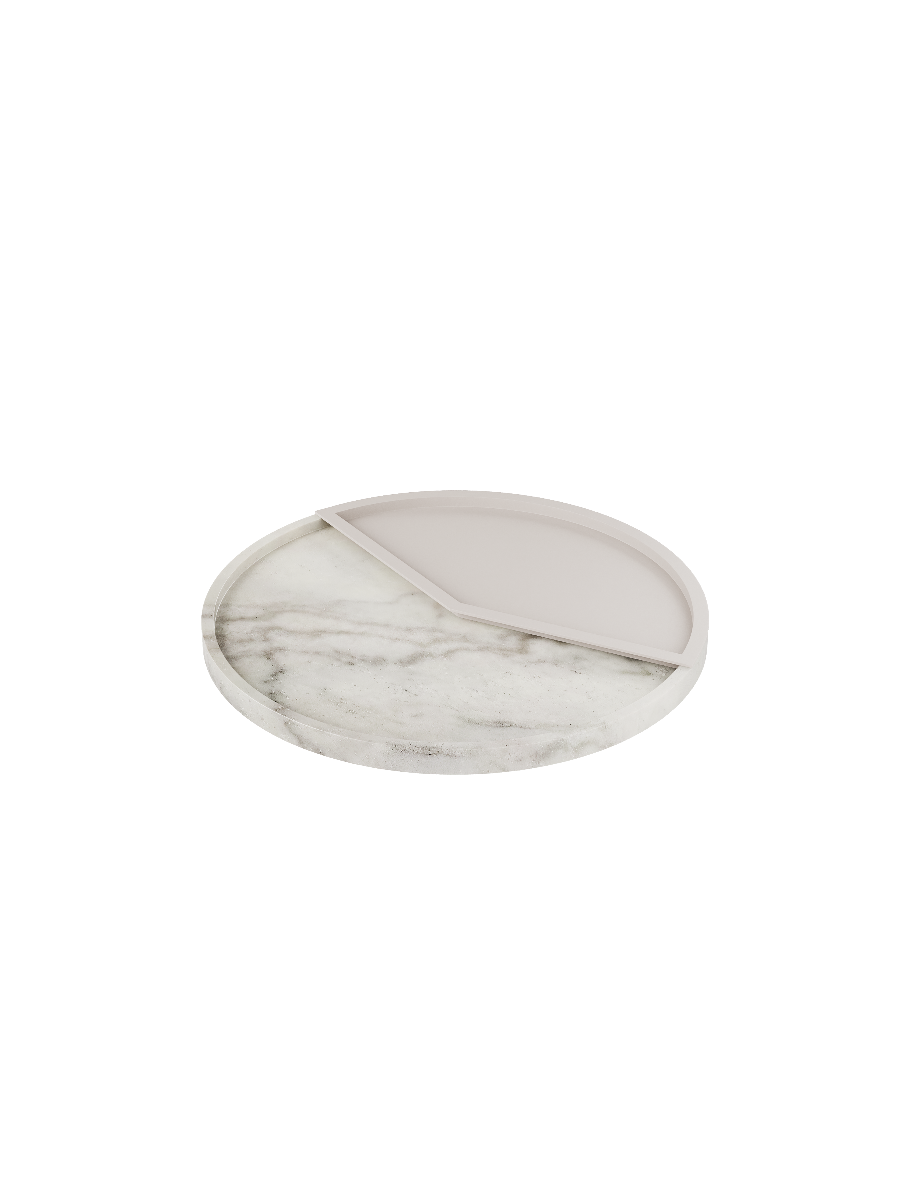 5 O'CLOCK Tray with round white marble base and matte light pink lacquered aluminum inlay for serving drinks and snacks.