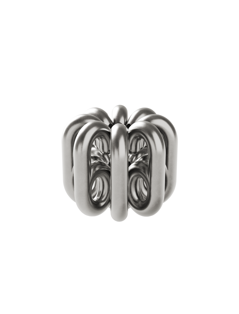 DIGIT SIX Candlestick in solid aluminum with a modern, geometric circular loop design, untreated finish.