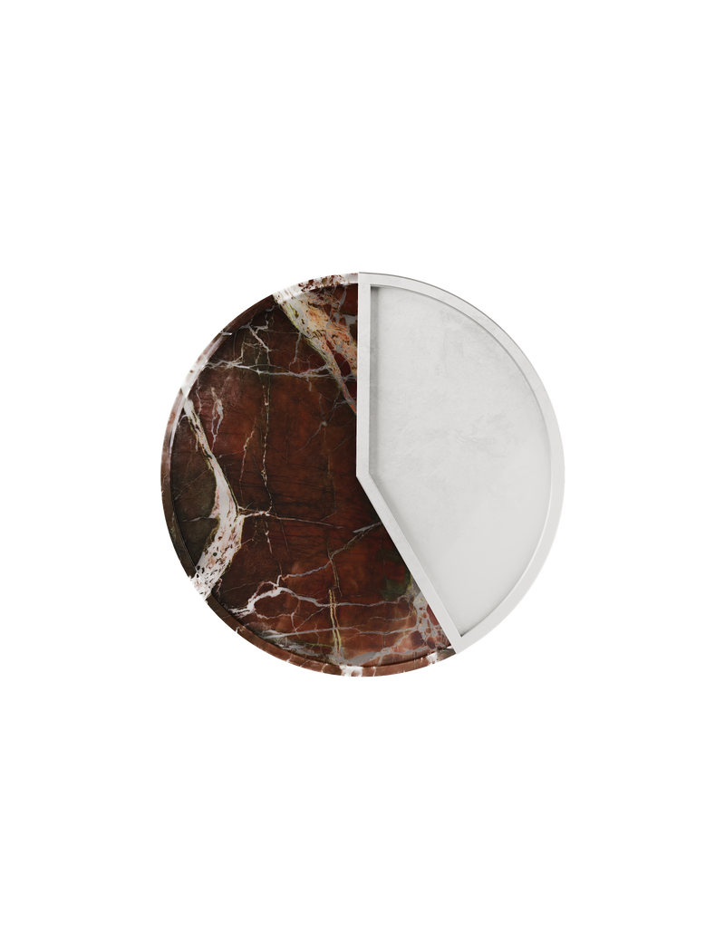 5 O' CLOCK Tray with round marble base and lacquered aluminum inlay, elegant design for drinks and snacks.