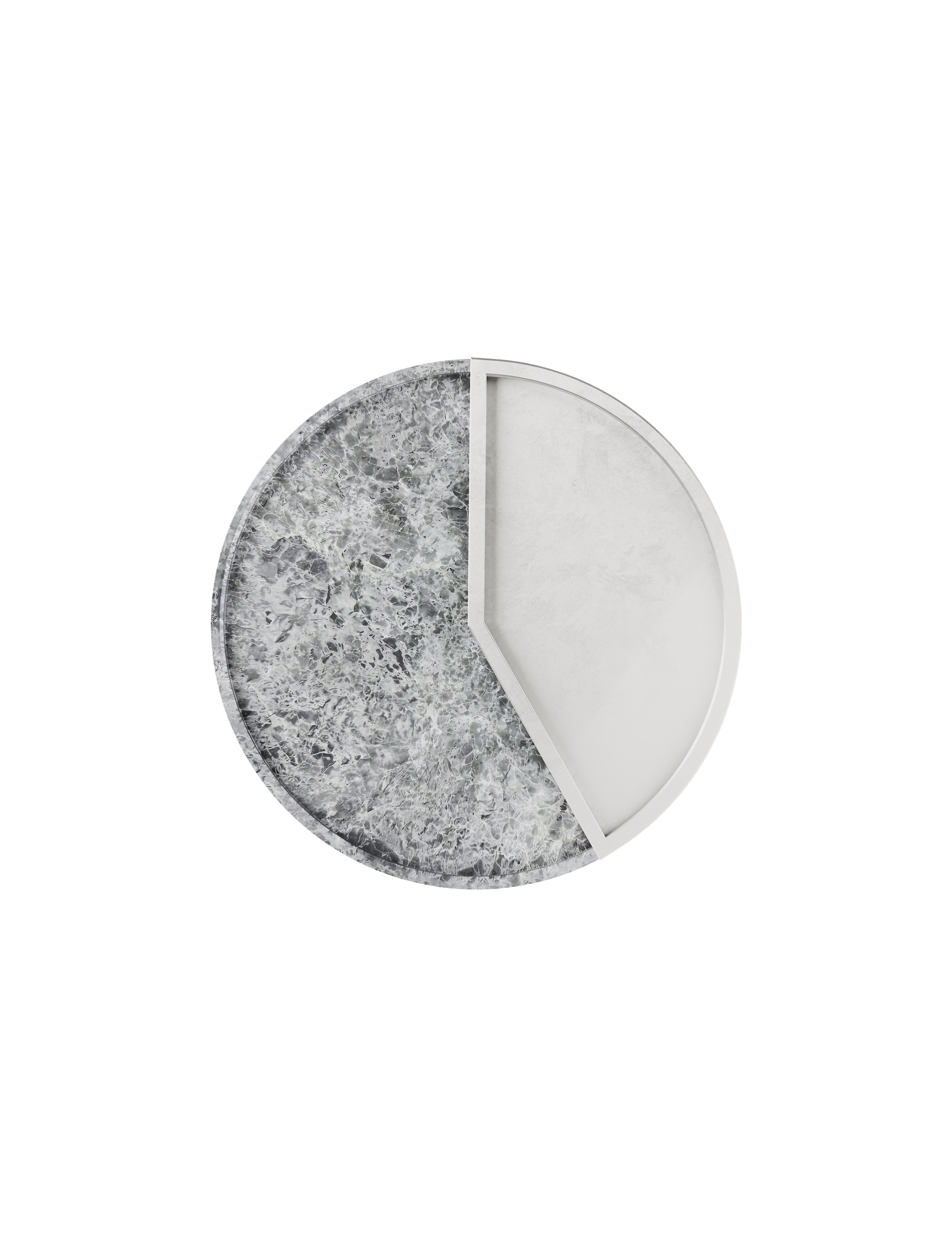 5 O' CLOCK Tray with round marble base and white lacquered aluminum inlay marking 5pm, modern design accessory.