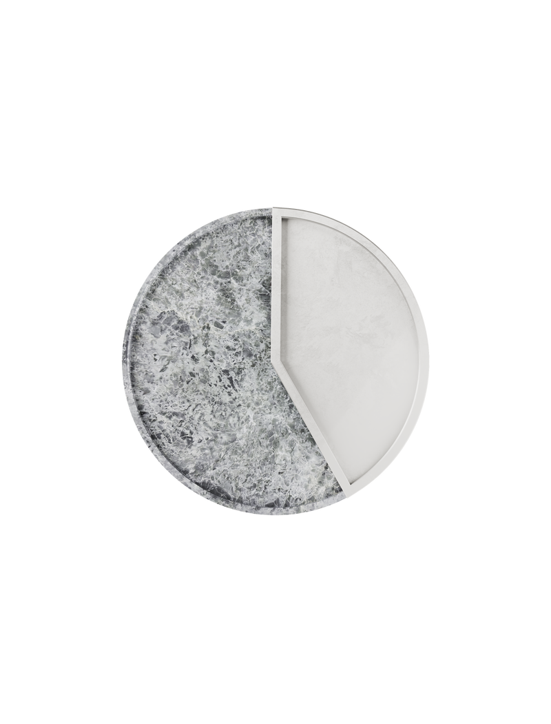 5 O' CLOCK Tray with round marble base and white lacquered aluminum inlay marking 5pm, modern design accessory.