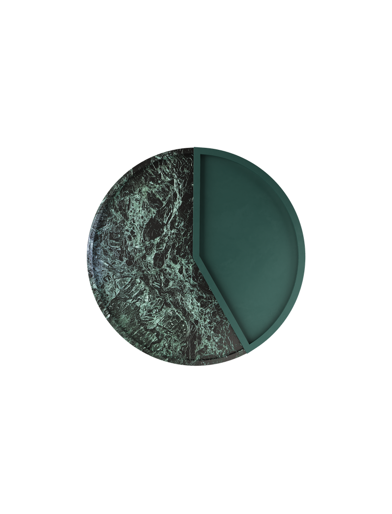 5 O'CLOCK Tray round marble base with matte pine green aluminum inlay for drinks and small bites.