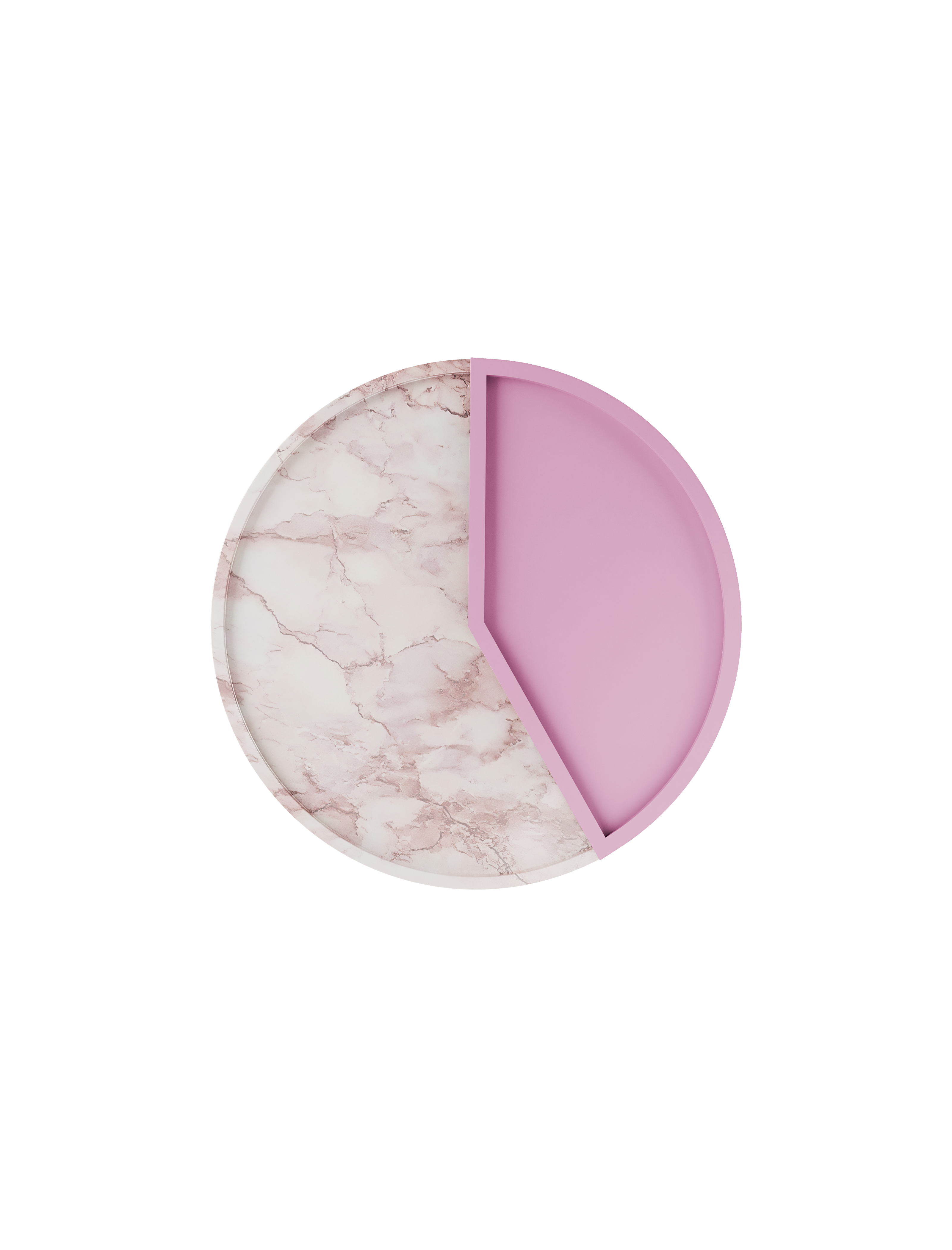 5 O' CLOCK Tray with round marble base and pink lacquered aluminum inlay, designed for drinks and small bites.