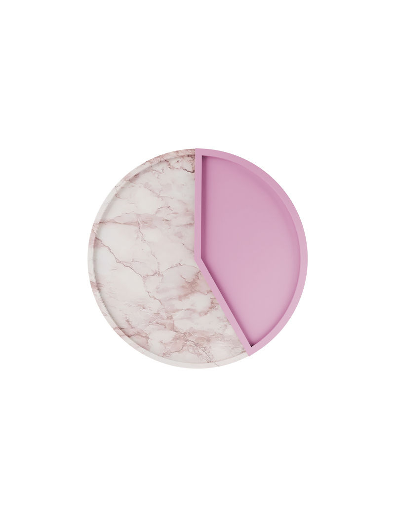 5 O' CLOCK Tray with round marble base and pink lacquered aluminum inlay, designed for drinks and small bites.