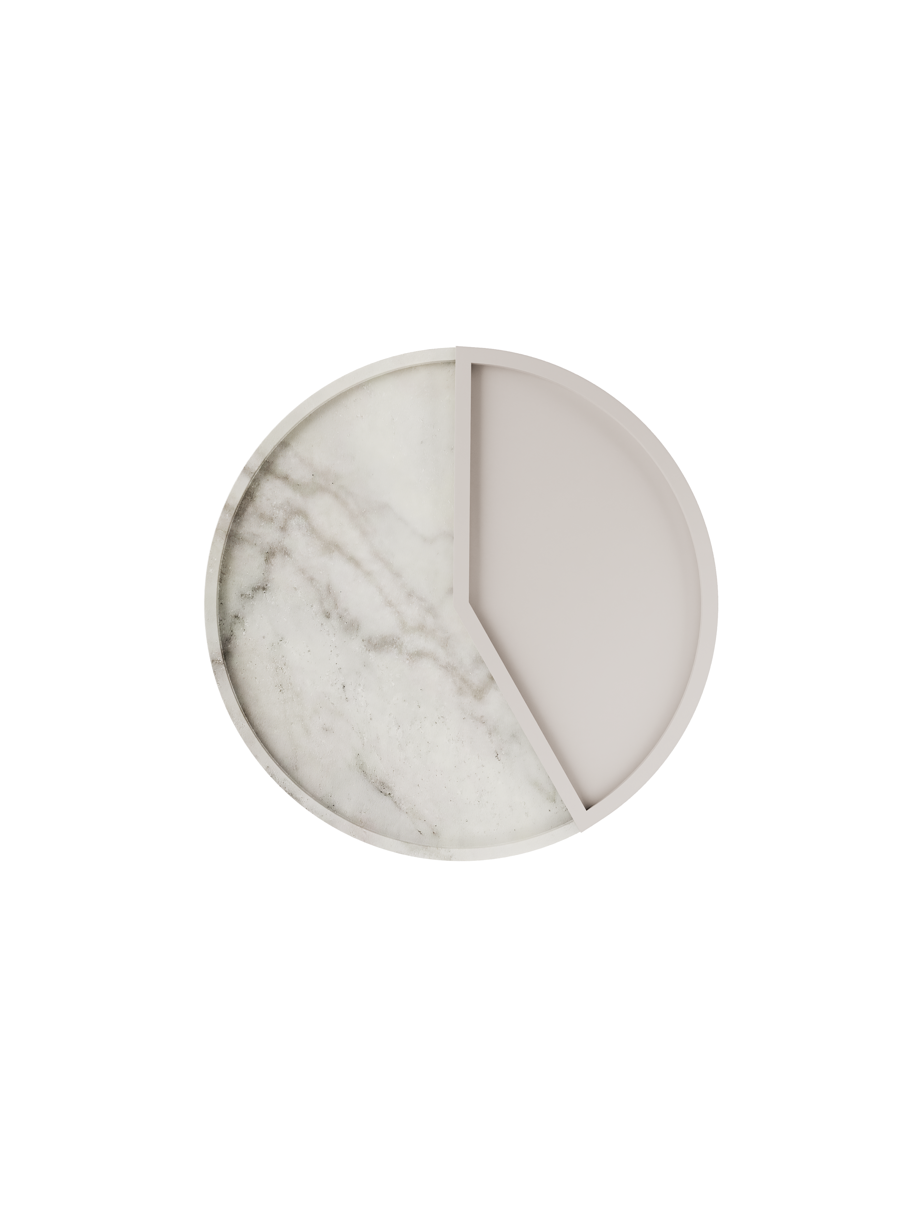 5 O' CLOCK Tray with a round white marble base and matte aluminum inlay shaped to mark 5pm, elegant and modern design.