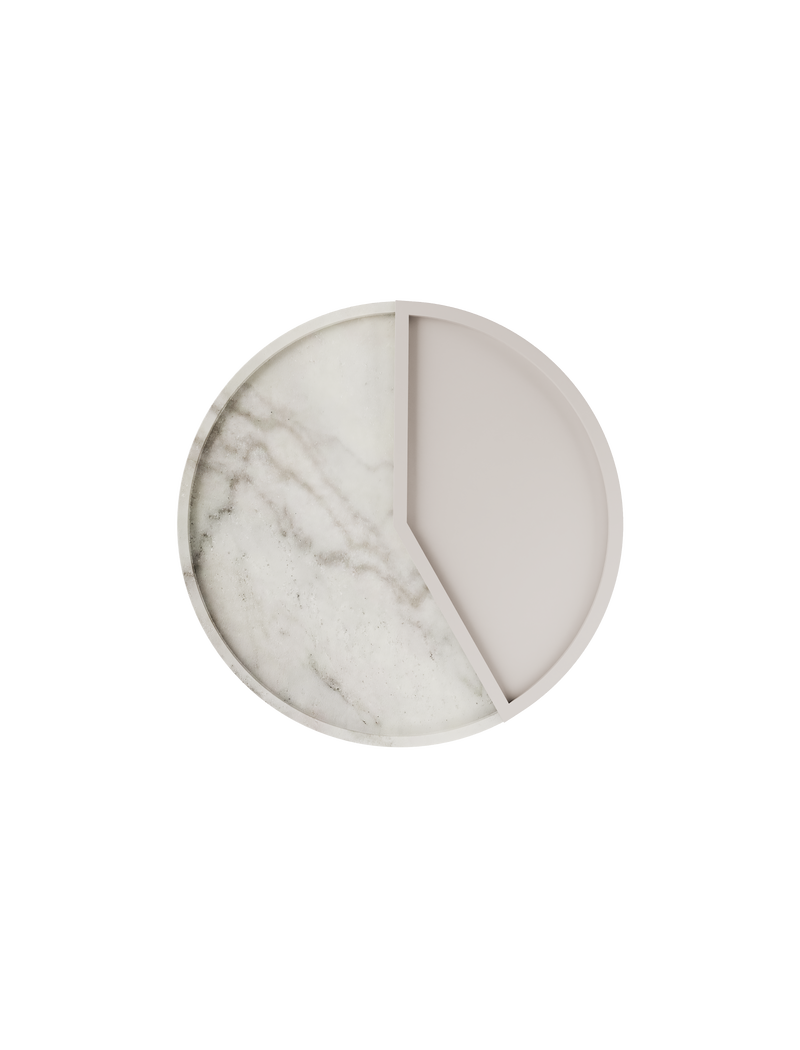 5 O' CLOCK Tray with a round white marble base and matte aluminum inlay shaped to mark 5pm, elegant and modern design.
