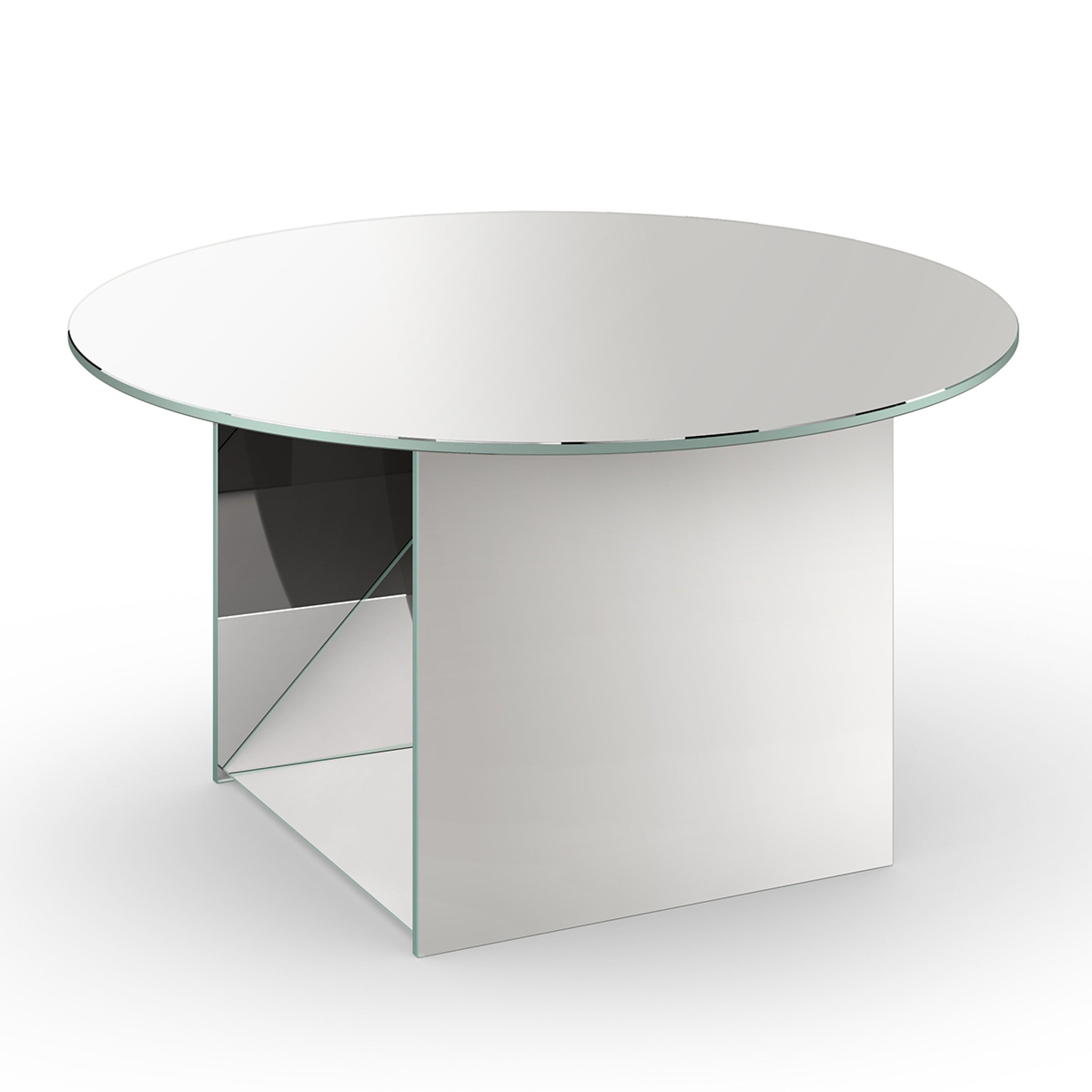 The CT11 Kaisa by E15 is a modern, round glass table designed by Annabelle Klute. It offers sculptural elegance with a sleek surface, geometric mirrored base, and minimalist design against a plain white background.