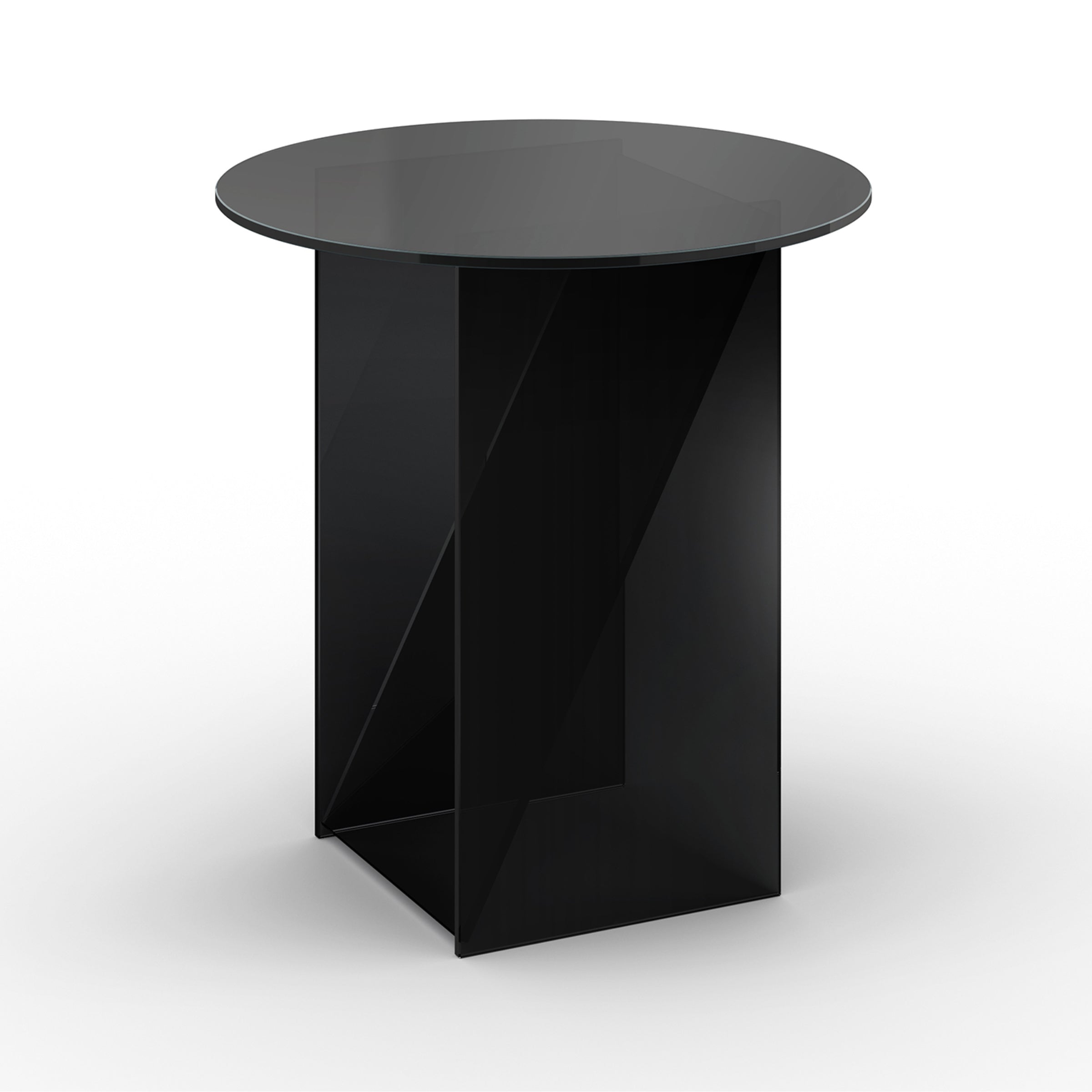 The CT11 Kaisa by E15 is a sleek black table with a round glass top and geometric pedestal base, exuding sculptural elegance. Designed by Annabelle Klute, it stands on a white surface, casting subtle shadows.