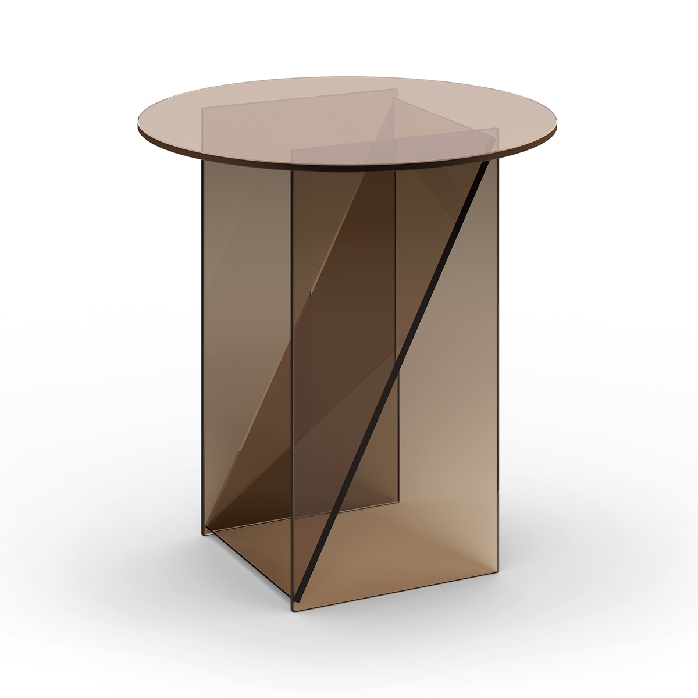 Experience sculptural elegance with E15s CT11 Kaisa side table. Designed by Annabelle Klute, it boasts a round glass top and a geometric base crafted from translucent brown-tinted glass panels, merging artistry and sophistication for a modern look.