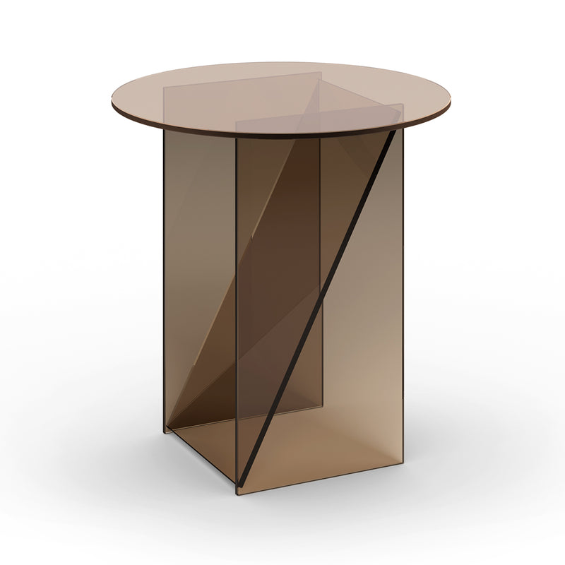 Experience sculptural elegance with E15s CT11 Kaisa side table. Designed by Annabelle Klute, it boasts a round glass top and a geometric base crafted from translucent brown-tinted glass panels, merging artistry and sophistication for a modern look.