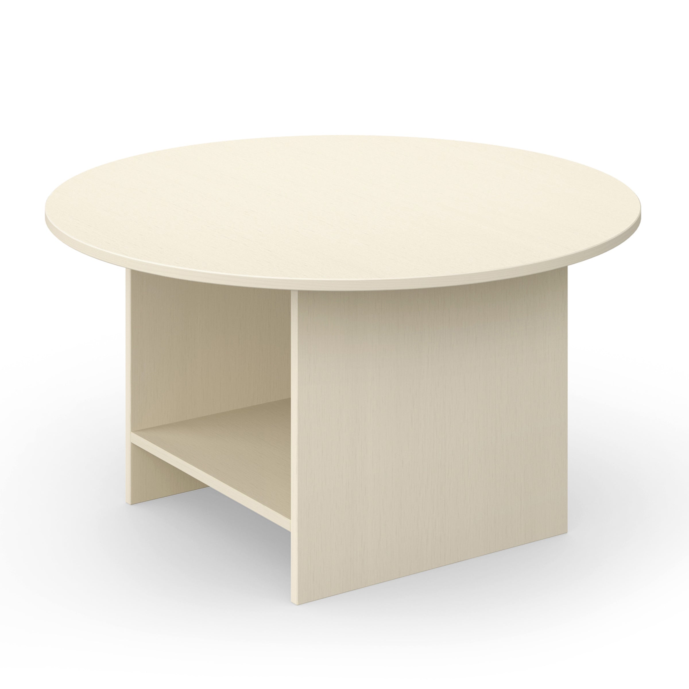 The E15 CT12 Heiji coffee table showcases Japanese-inspired design with a round, minimalist look. It features light-colored lacquered plywood and a practical shelf underneath for added functionality.