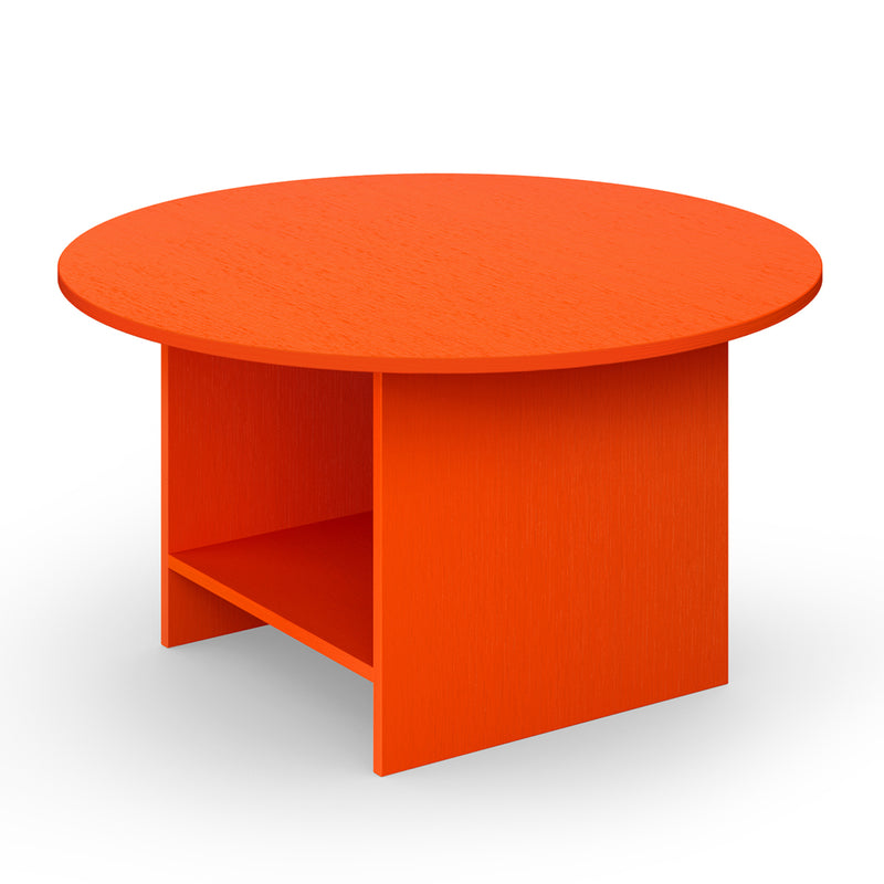The CT12 Heiji by E15 is a round, bright orange side table with modern Japanese design, crafted from lacquered plywood. It features a flat top and an open shelf base against a plain white backdrop.
