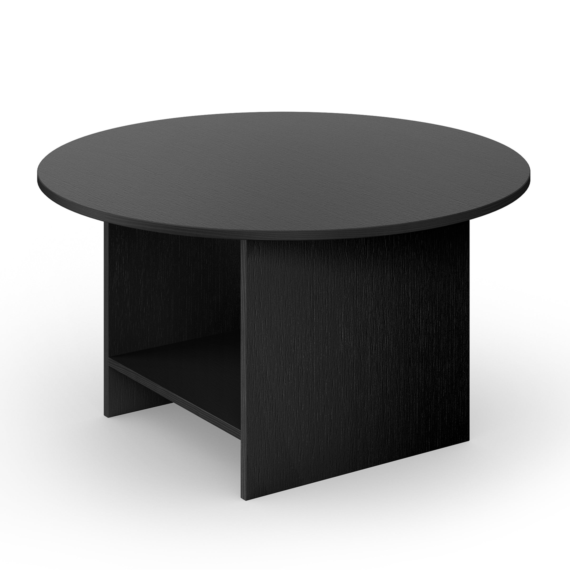 The CT12 Heiji table from E15 is a modern black wood coffee table with a round top and sturdy cross-shaped base. Its minimalist design, lacquered plywood, and extra storage shelf enhance elegance against a plain white background.