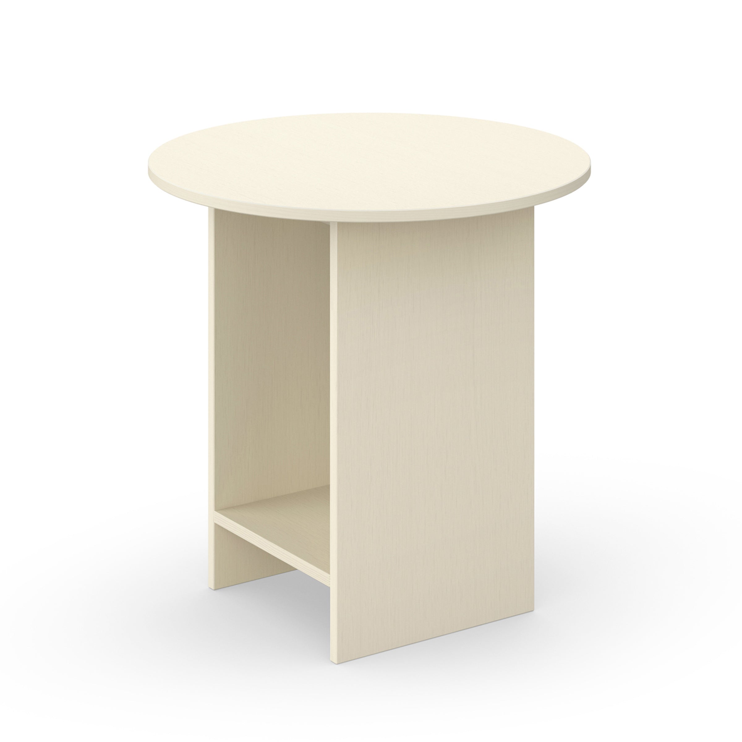 The CT12 Heiji by E15 is a minimalist beige round side table crafted from lacquered plywood, featuring a small shelf underneath. Inspired by Japanese aesthetics, it offers a simple, modern look with a single sturdy base and is set against a plain white background.