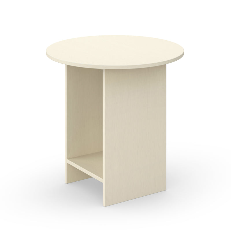 The CT12 Heiji by E15 is a minimalist beige round side table crafted from lacquered plywood, featuring a small shelf underneath. Inspired by Japanese aesthetics, it offers a simple, modern look with a single sturdy base and is set against a plain white background.