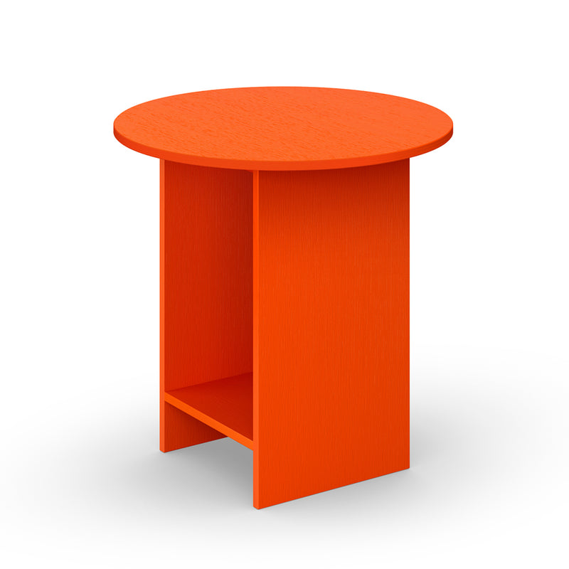 The CT12 Heiji by E15 is a small, round side table made of bright orange lacquered plywood, featuring a single shelf under the tabletop and showcased against a plain white background.