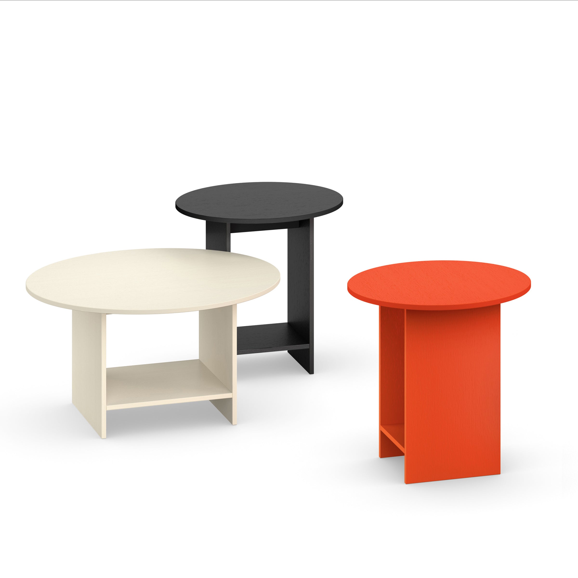 The CT12 Heiji by E15 features three round side tables: a white one with a lower shelf, a sleek black Japanese-designed table, and an orange table with an angular base. All crafted from lacquered plywood, they are set against a plain white background.