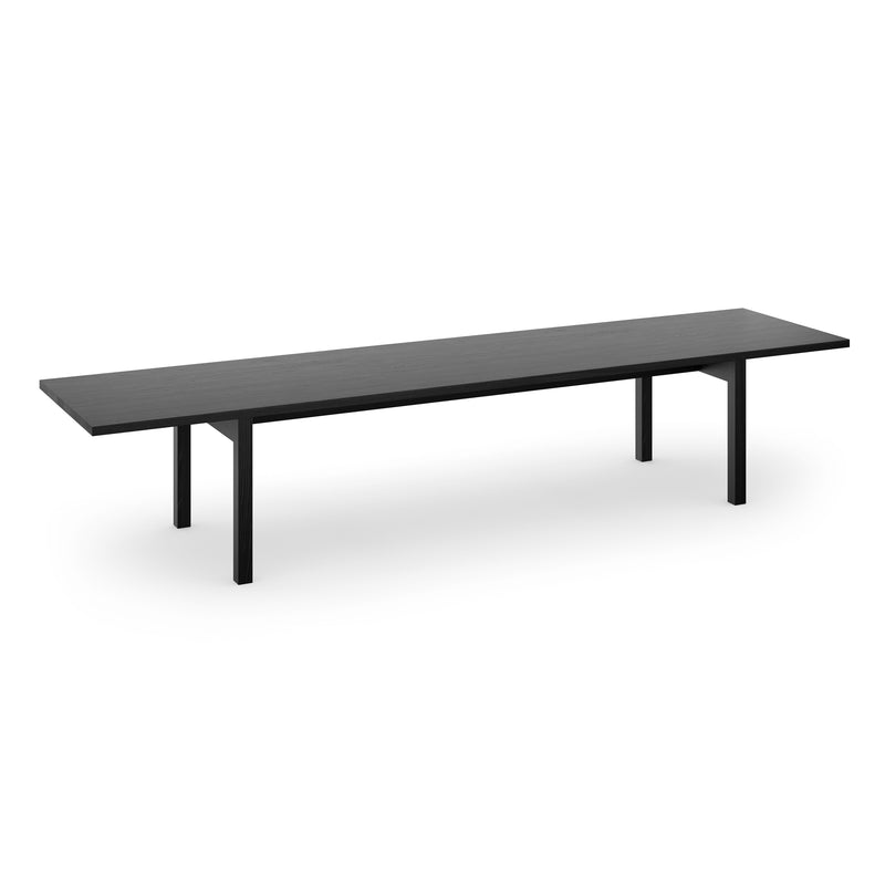 The DC09 Galerie by E15 is a minimalist black bench featuring a flat surface and sleek rectangular legs, reflecting the modern elegance of David Chipperfields design. Its displayed against a plain white backdrop.