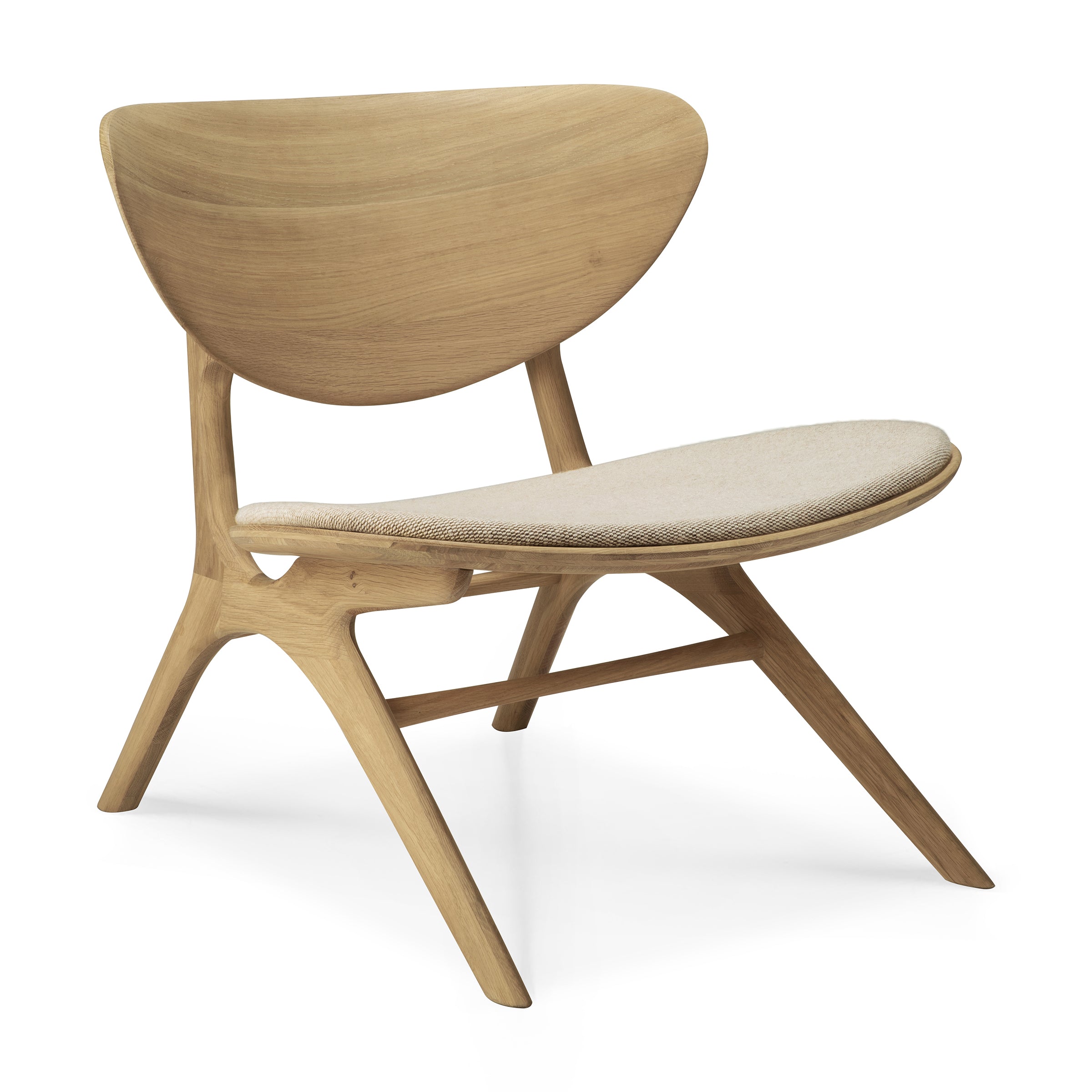 Eye Lounge Chair by Ethnicraft with curved wooden backrest and beige cushioned seat in sleek modern design.